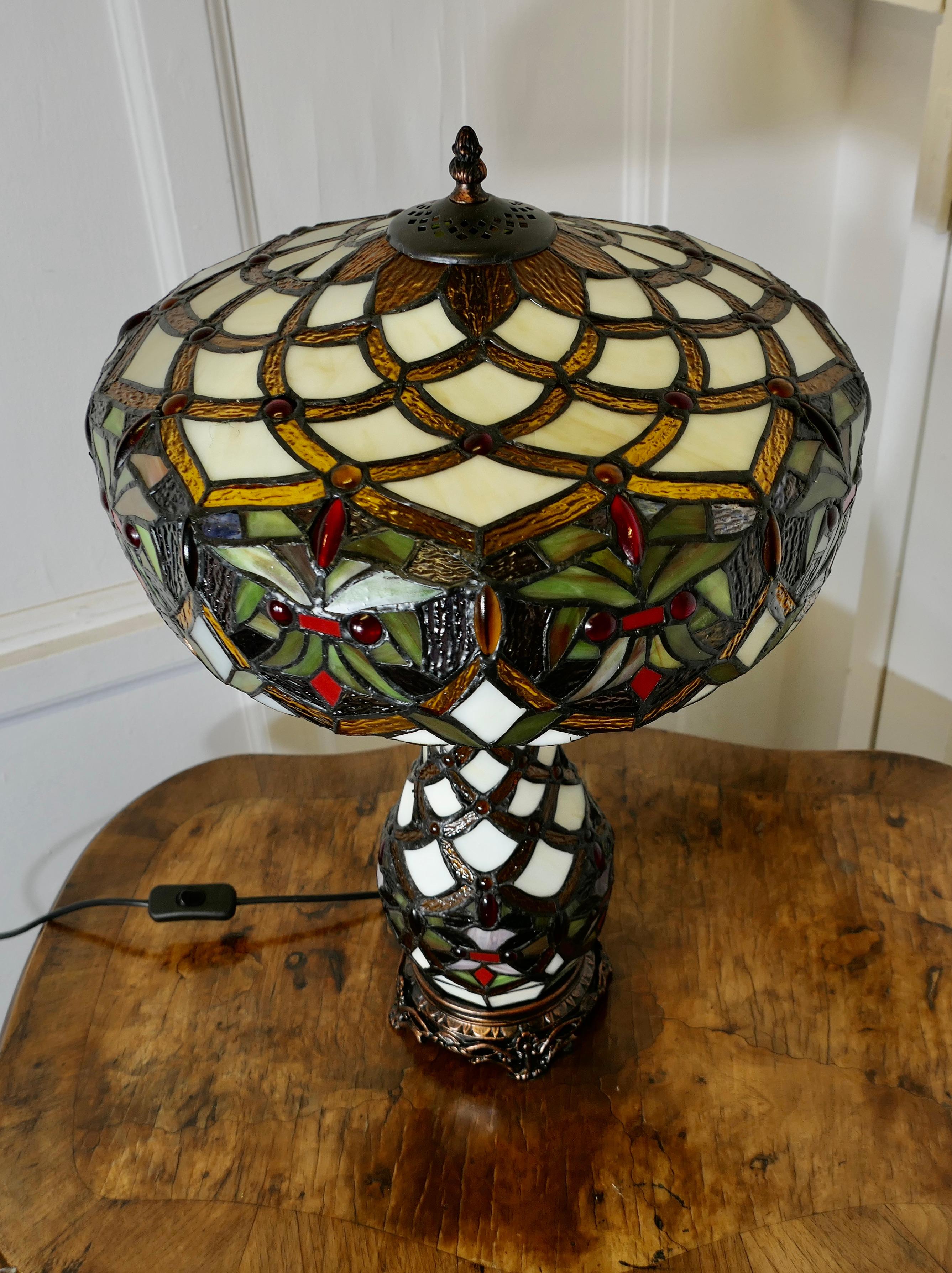 Art Deco A Large Tiffany Style Stained Glass Table Lamp and Shade For Sale