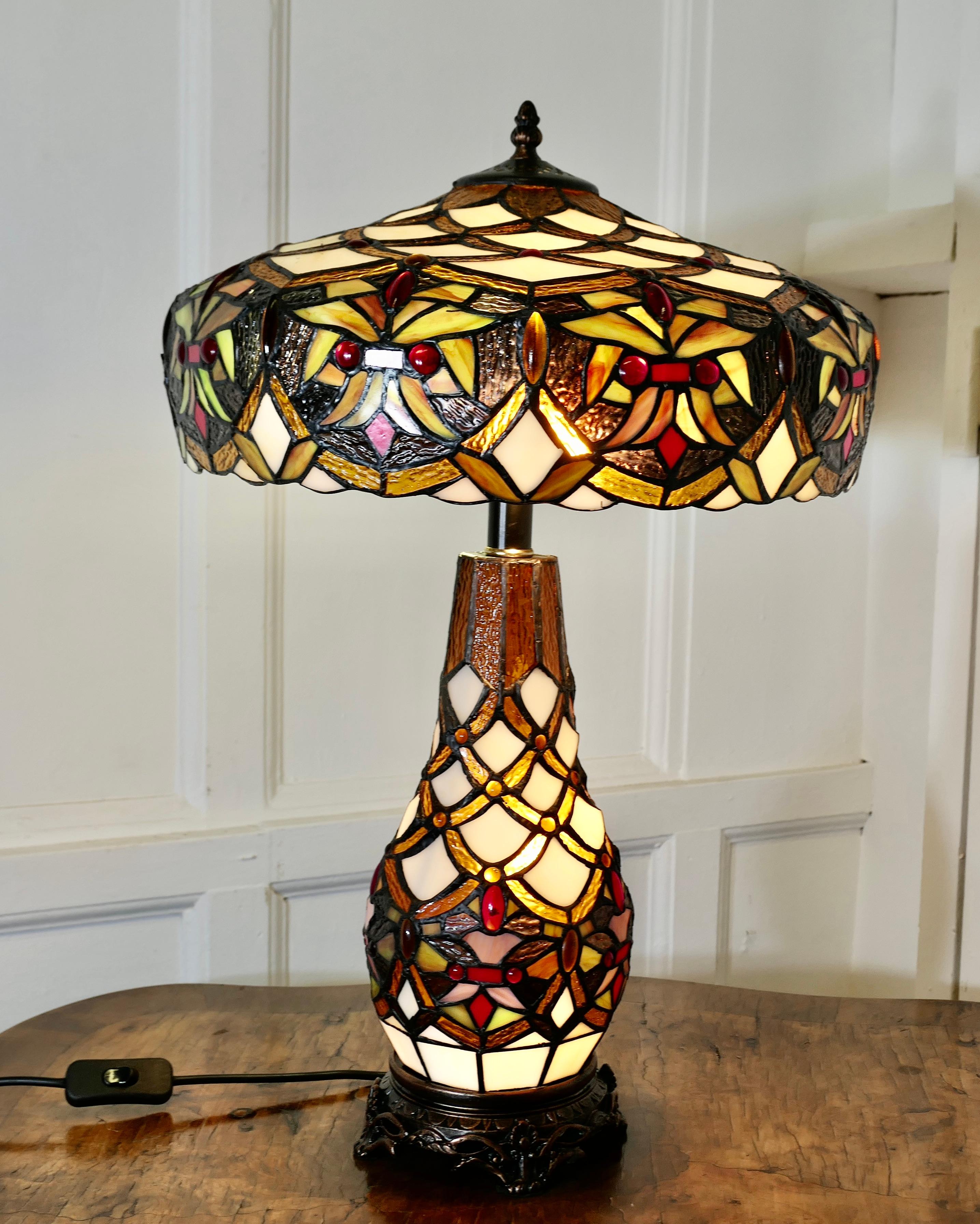 Mid-20th Century A Large Tiffany Style Stained Glass Table Lamp and Shade For Sale