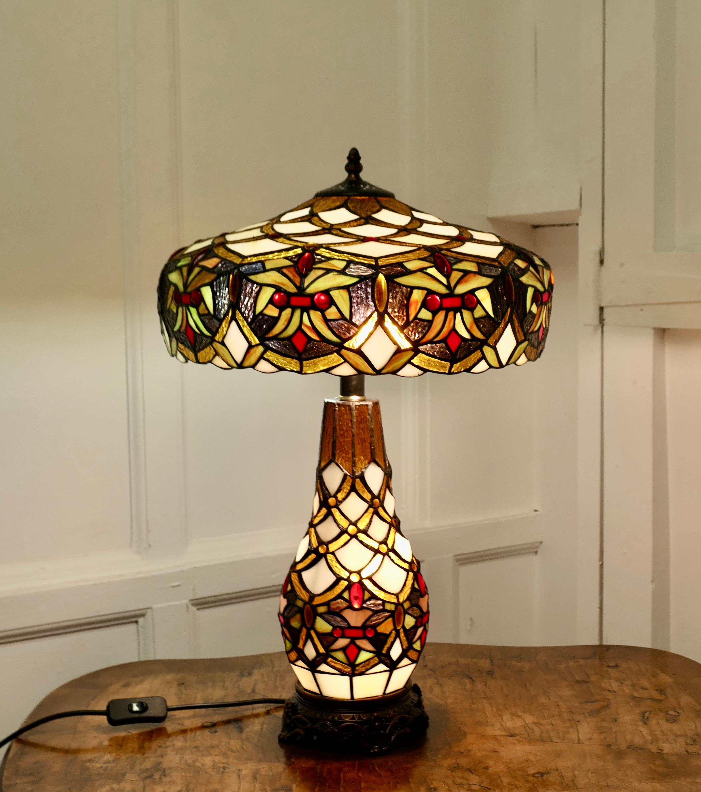 A Large Tiffany Style Stained Glass Table Lamp and Shade For Sale 1