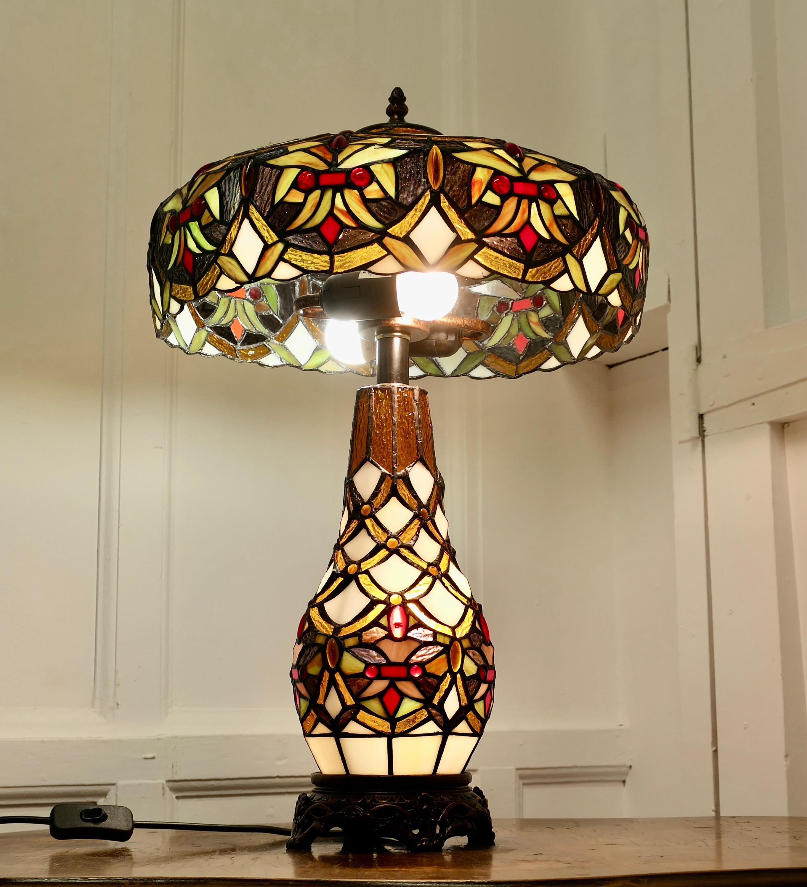 A Large Tiffany Style Stained Glass Table Lamp and Shade For Sale 2
