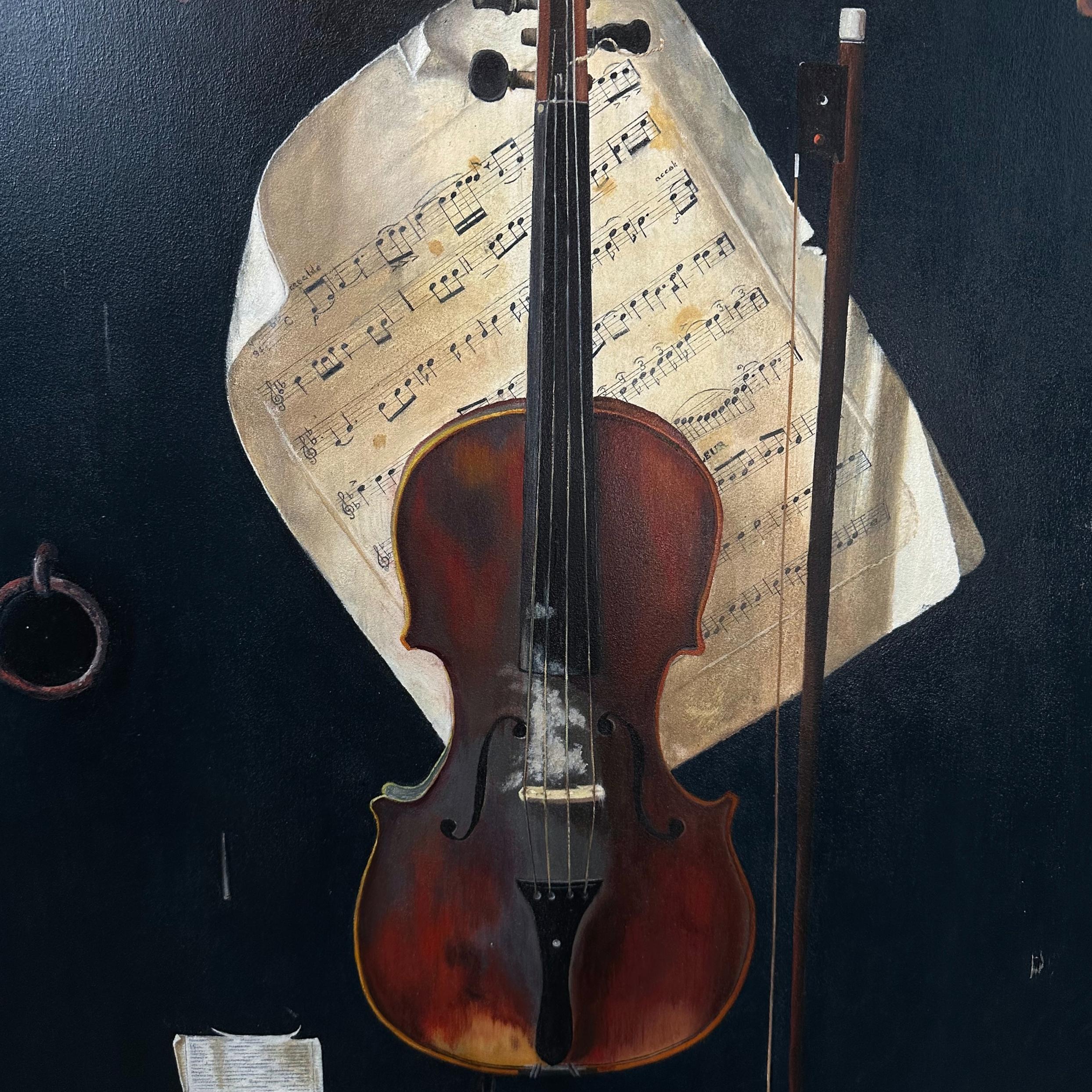 Ein großes Trompe L'Oeil-Stillleben mit Geige, Öl auf Karton nach William Harnett (Viktorianisch) im Angebot