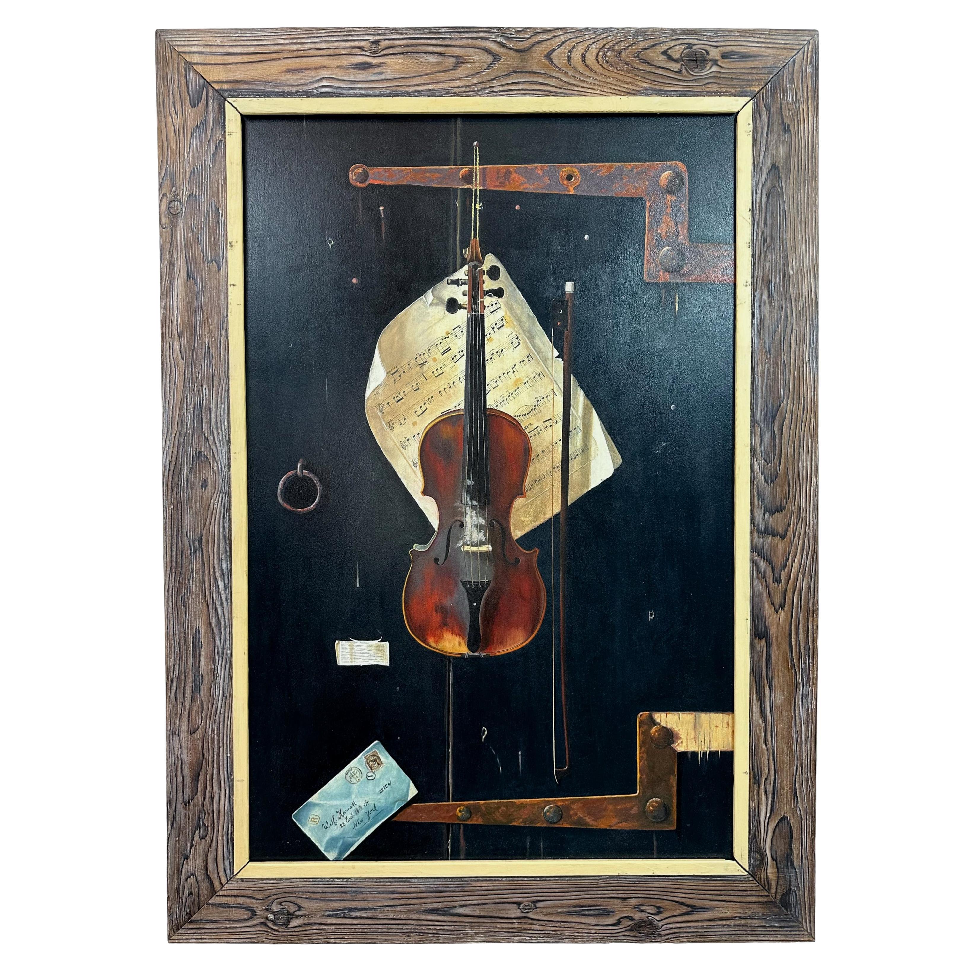 Ein großes Trompe L'Oeil-Stillleben mit Geige, Öl auf Karton nach William Harnett im Angebot