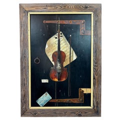 Grande nature morte en trompe l'oeil avec violon, huile sur carton d'après William Harnett