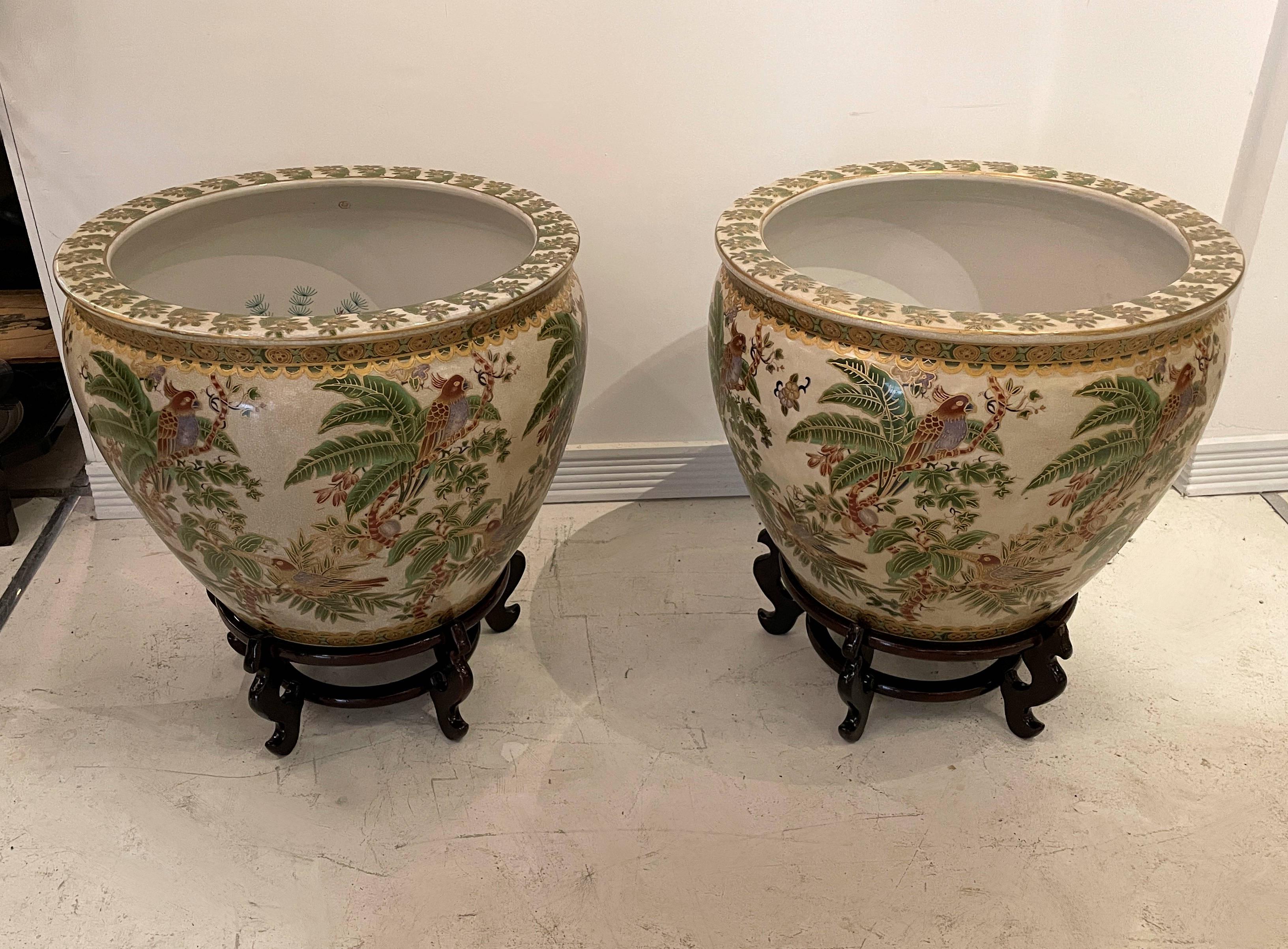 Chinoiserie Large Tropical Pair of Porcelain Chinese Fishbowl Planters