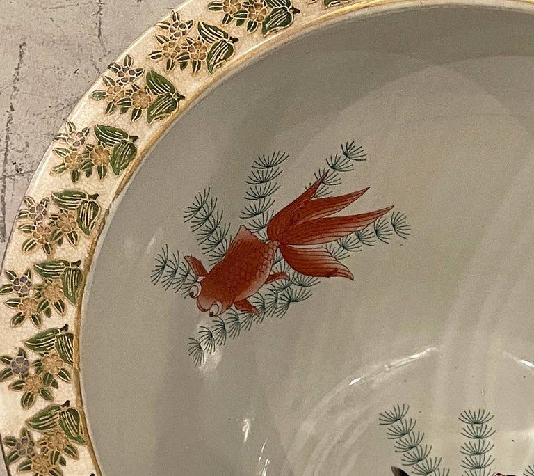 Large Tropical Pair of Porcelain Chinese Fishbowl Planters For Sale at