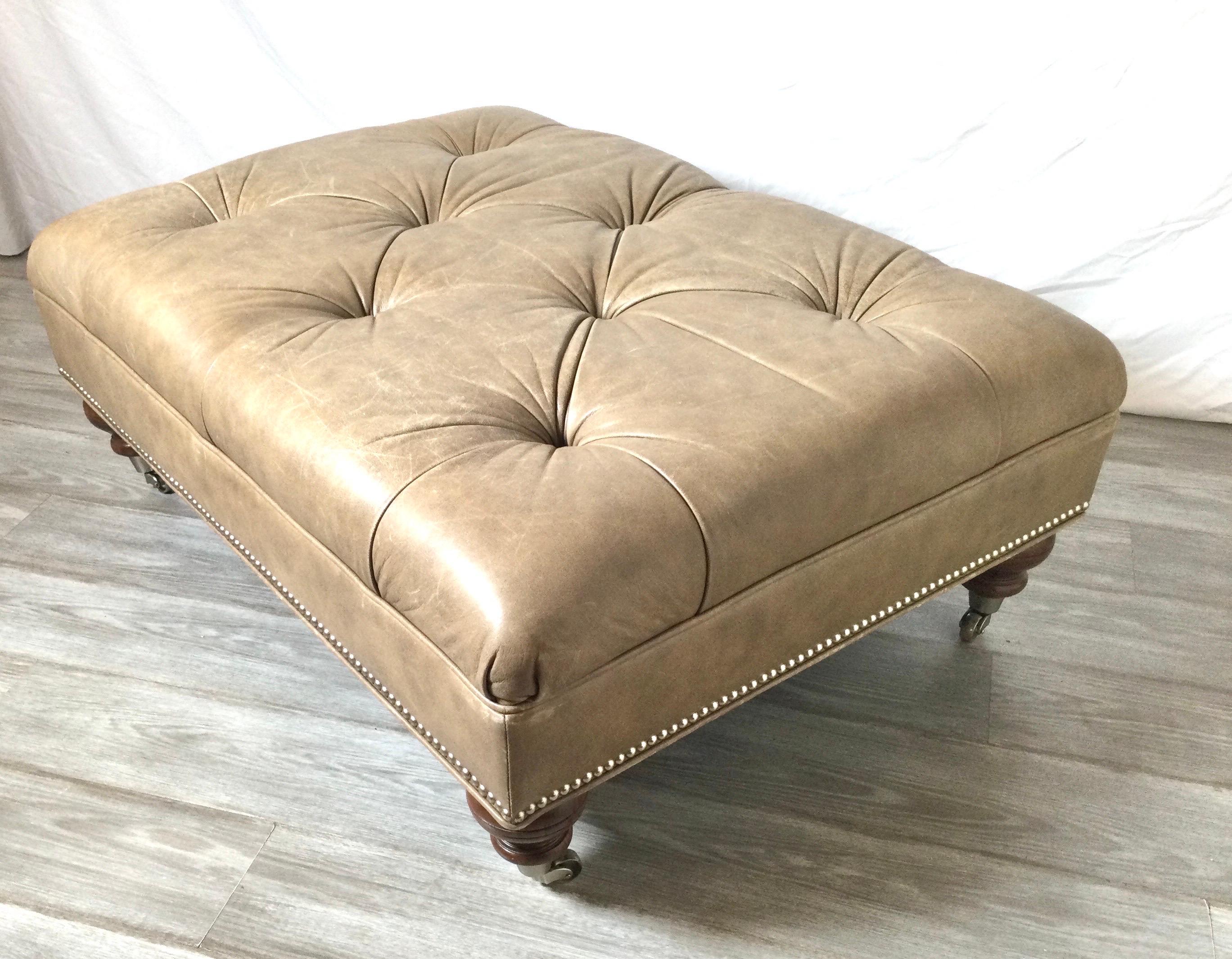 20th Century Large Tufted Leather Ottoman Coffee Table