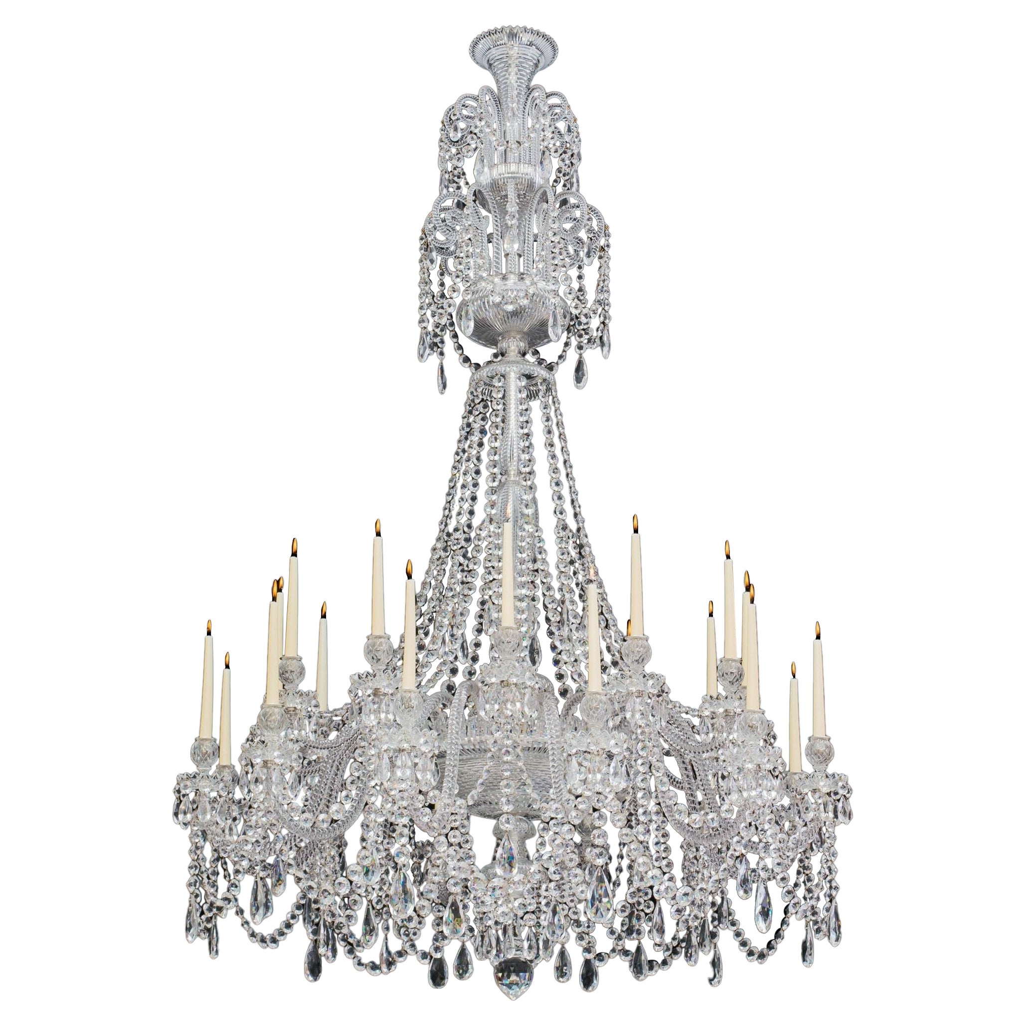 Grande lampadario vittoriano a ventiquattro luci in vetro tagliato di Perry & Co. London