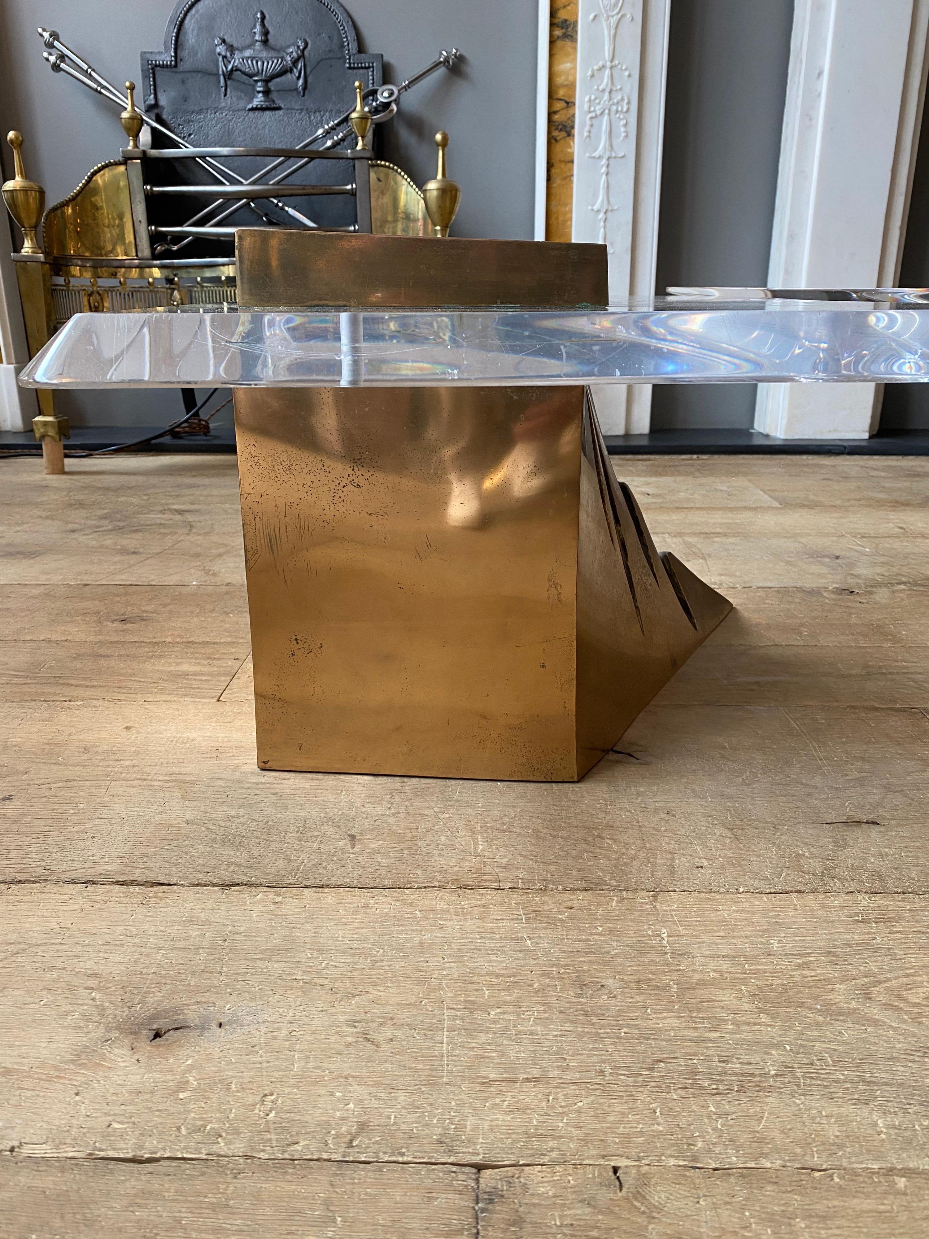 Large Two-Piece Brass and Lucite Coffee Table For Sale 4