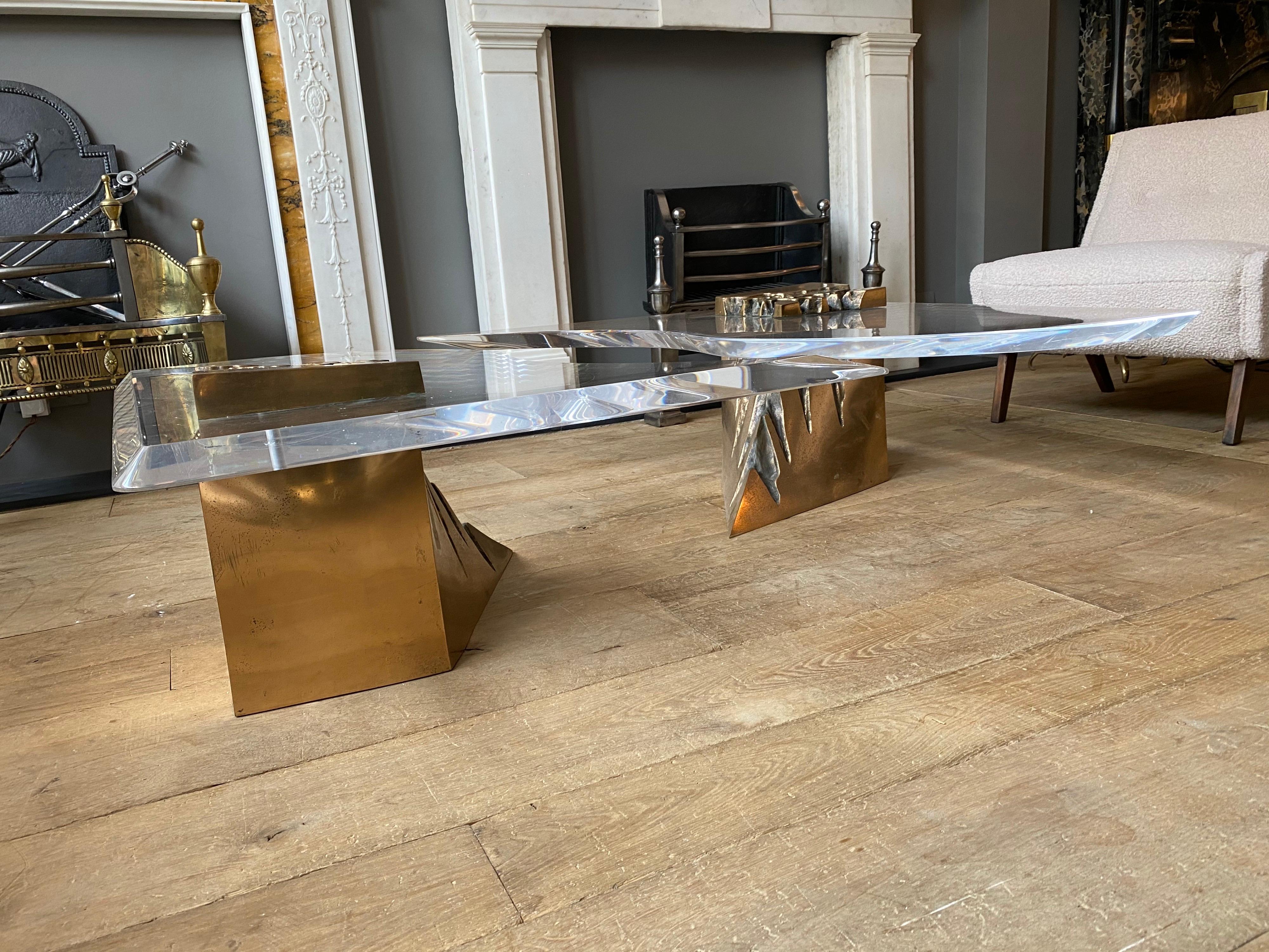 Large Two-Piece Brass and Lucite Coffee Table For Sale 6