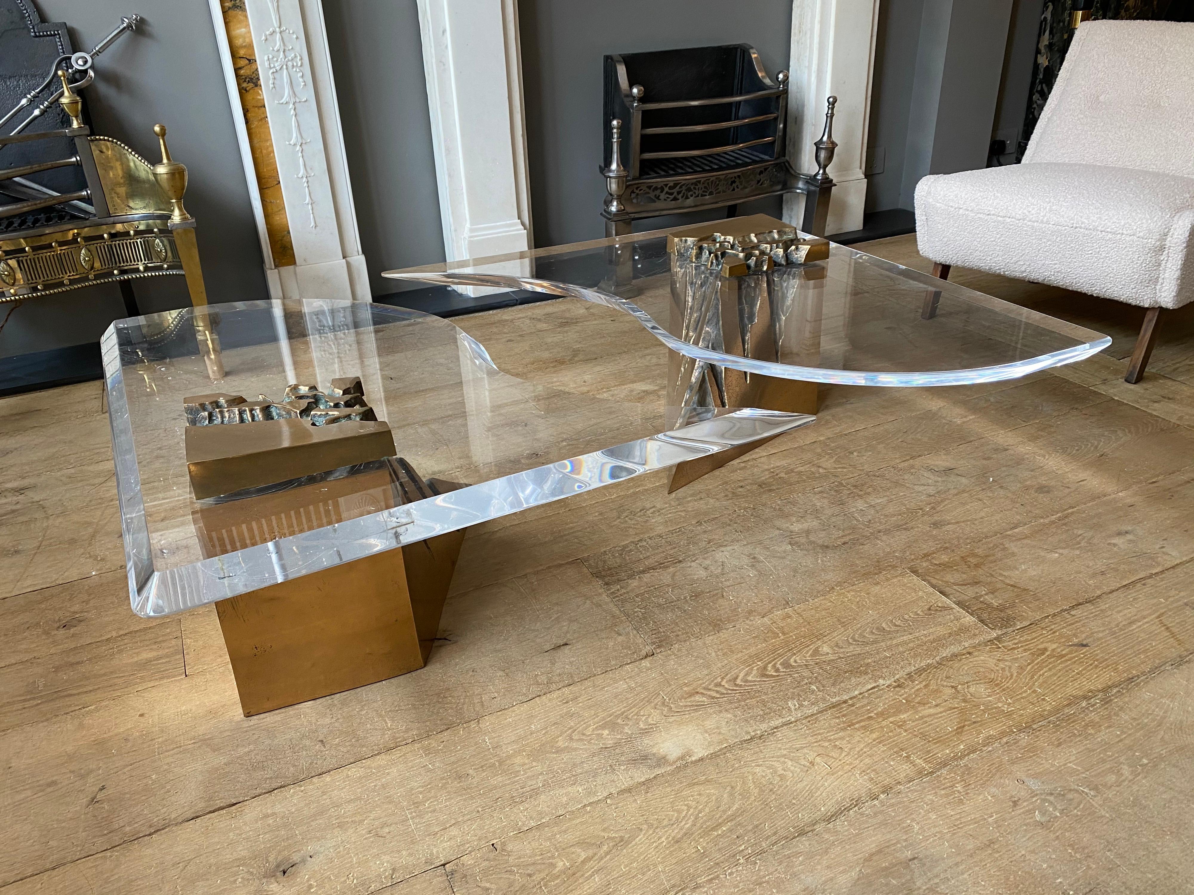 Large Two-Piece Brass and Lucite Coffee Table For Sale 7
