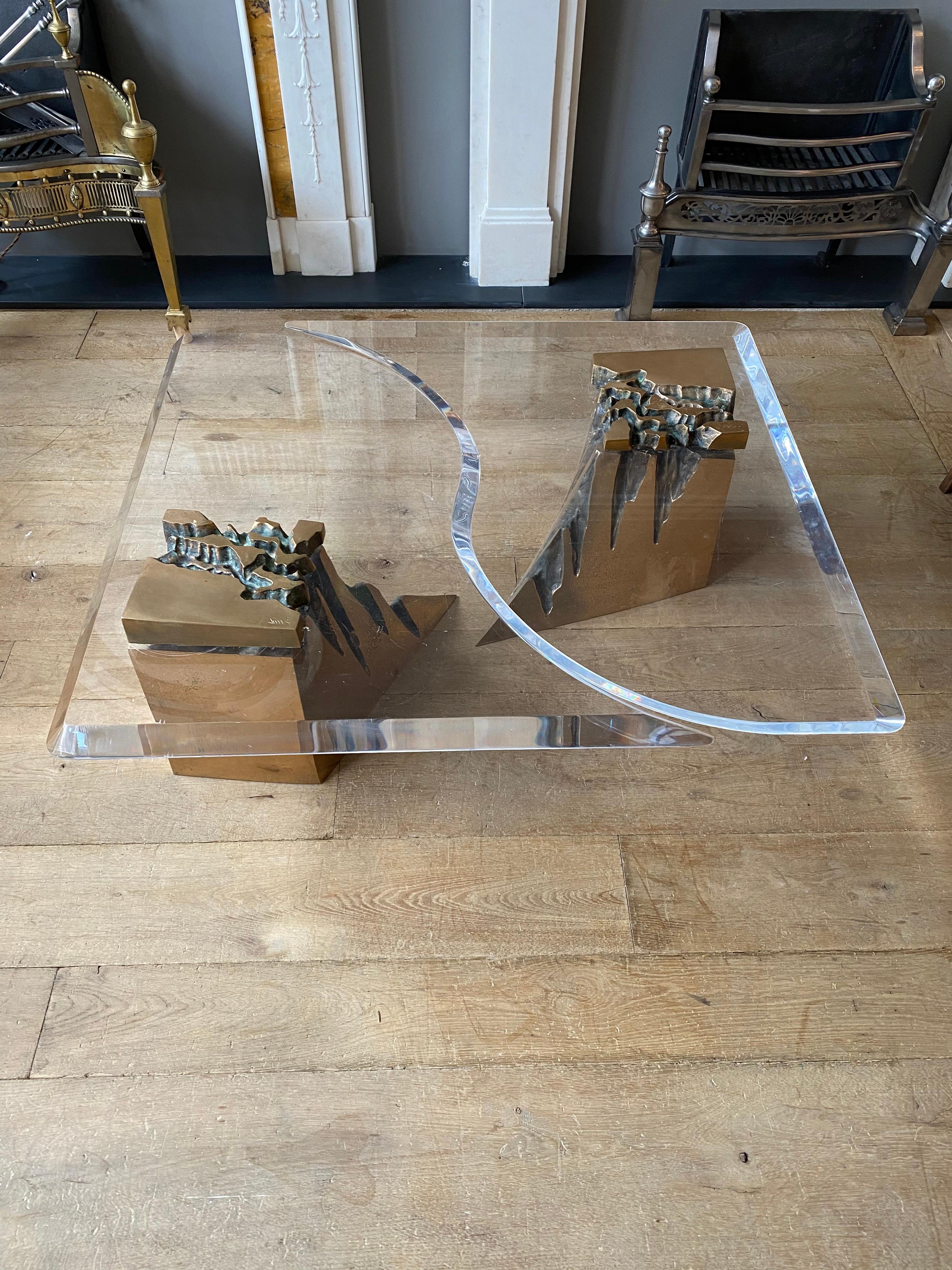 Large Two-Piece Brass and Lucite Coffee Table For Sale 8