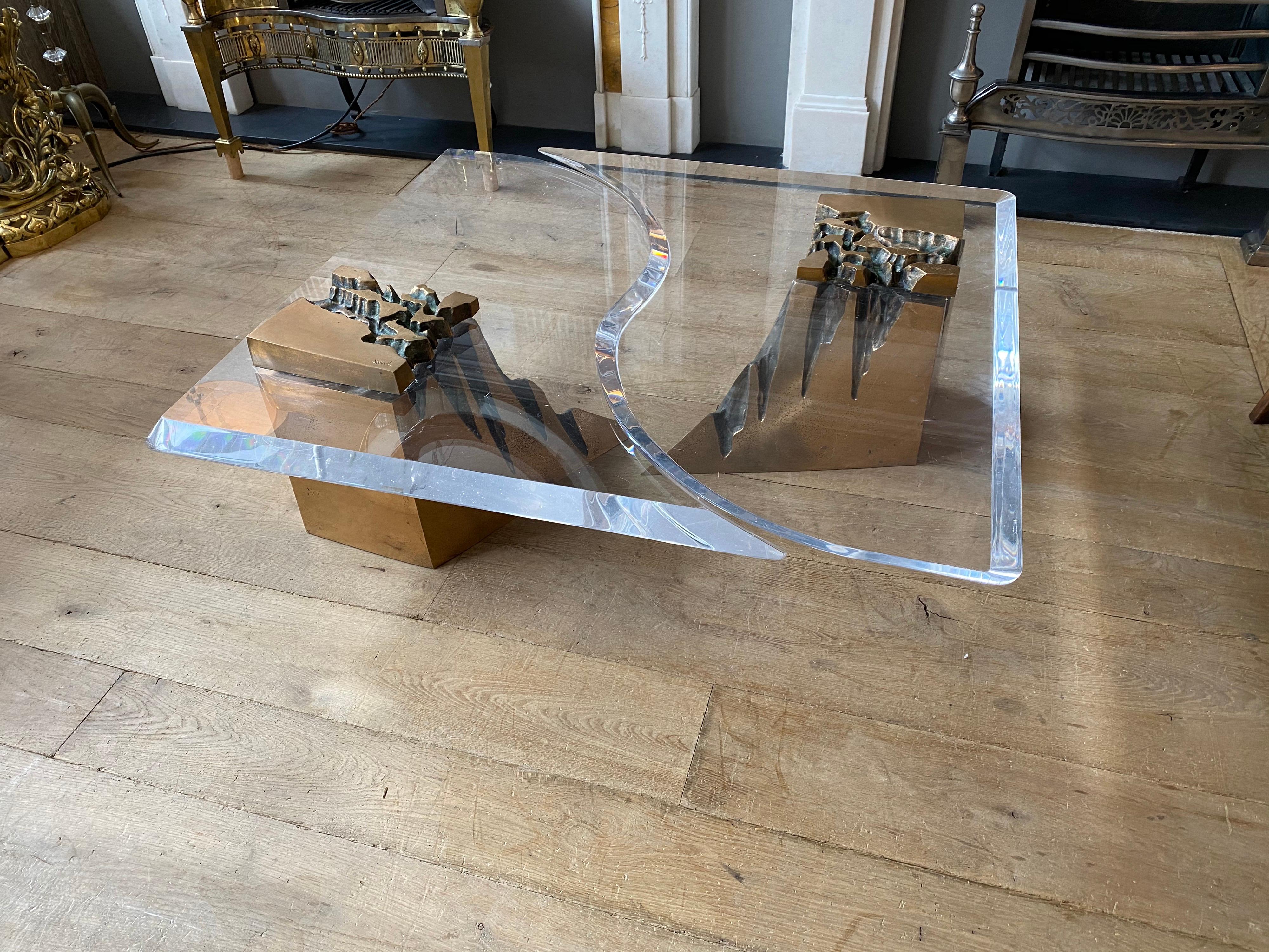 Large Two-Piece Brass and Lucite Coffee Table For Sale 9