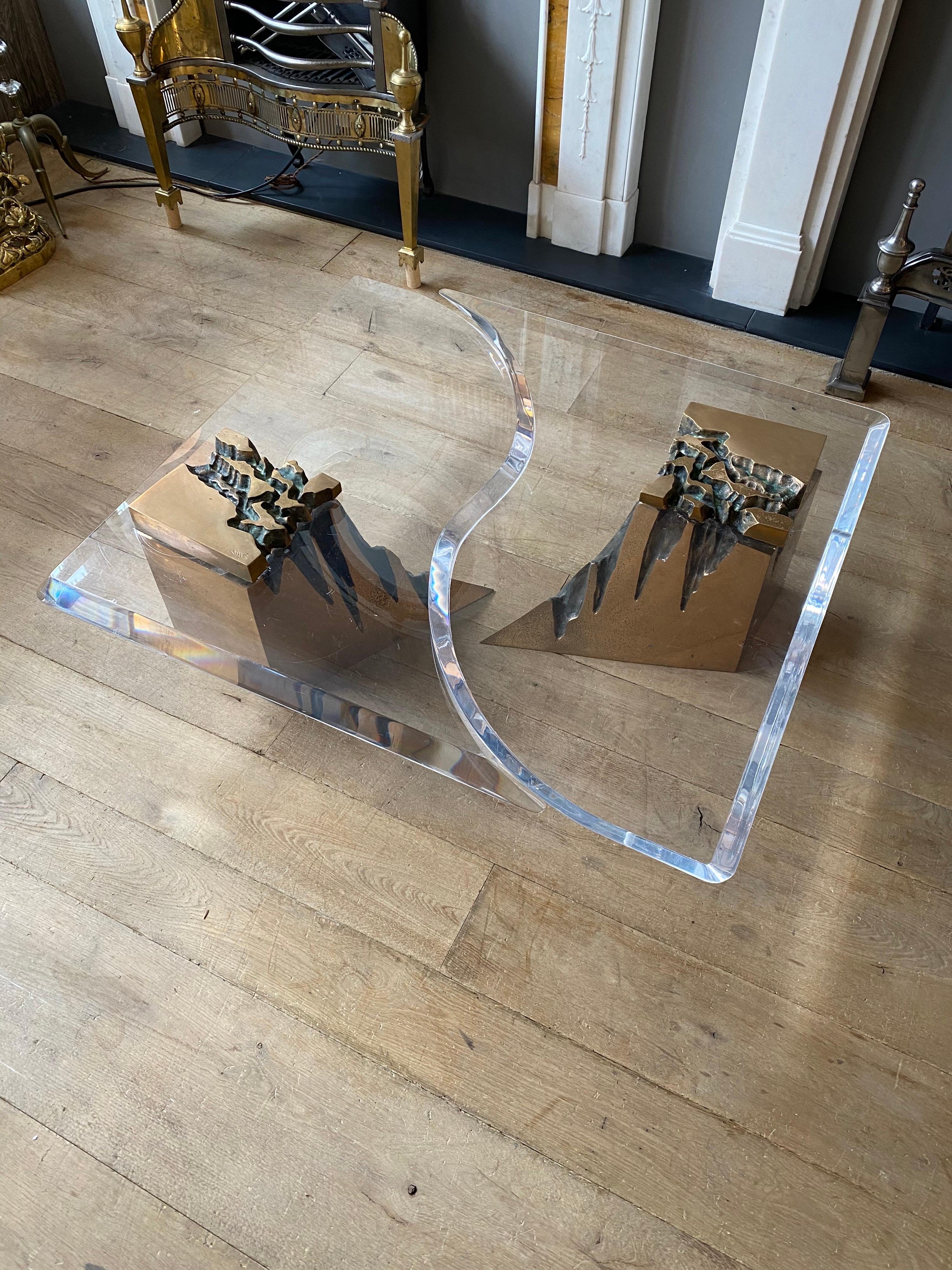 Large Two-Piece Brass and Lucite Coffee Table For Sale 10