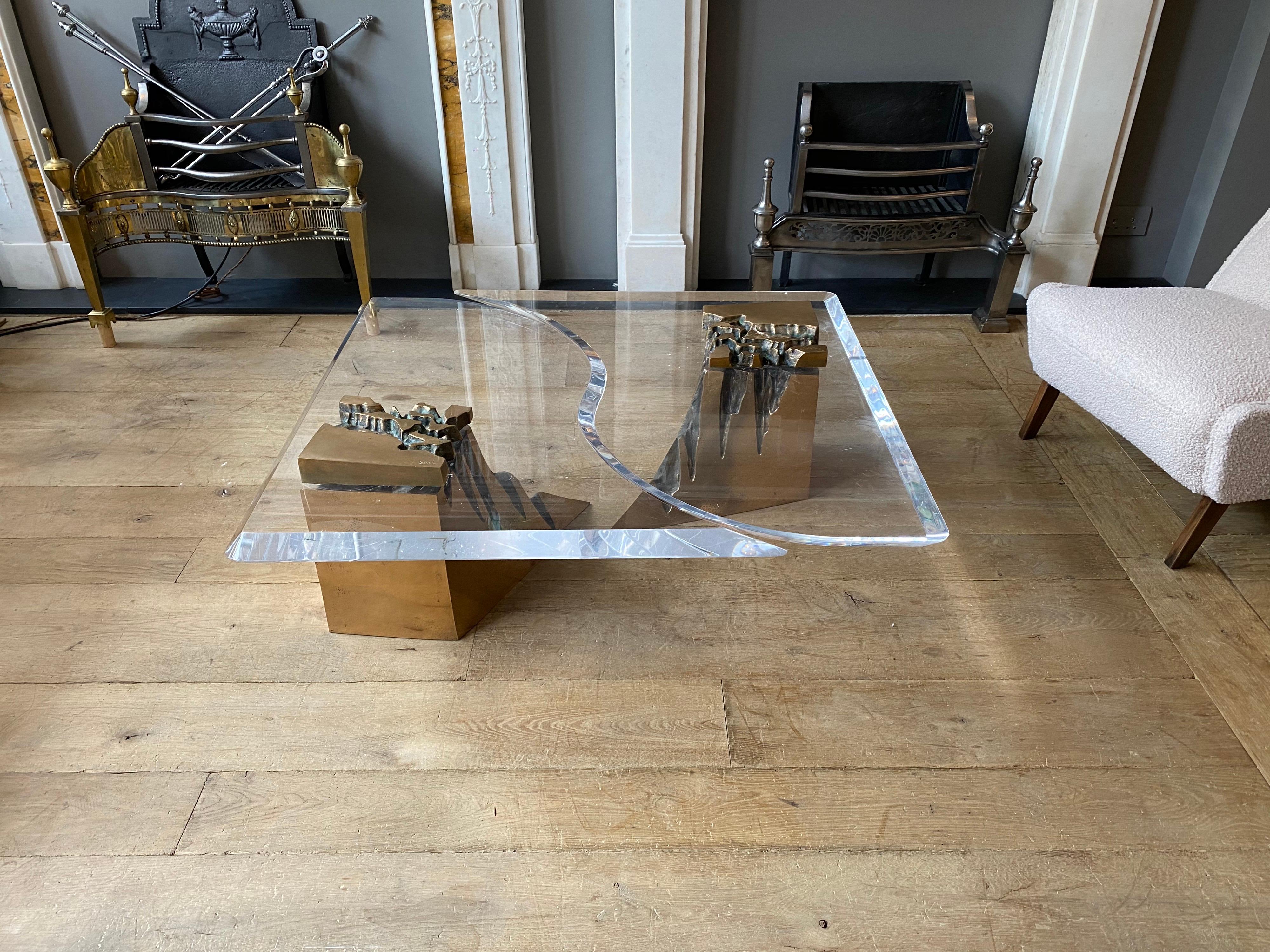 Large Two-Piece Brass and Lucite Coffee Table For Sale 12