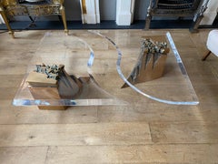 Large Two-Piece Brass and Lucite Coffee Table