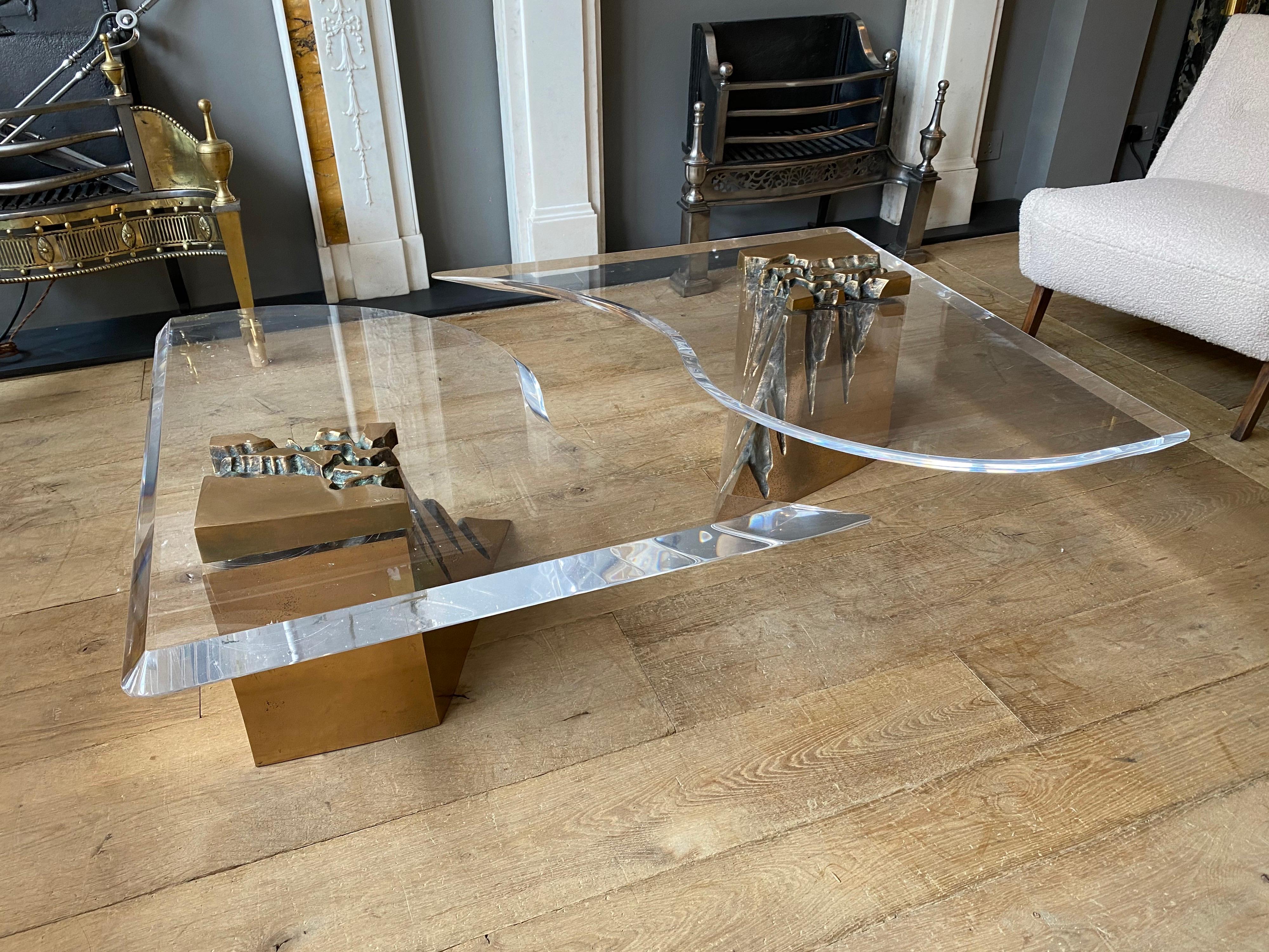 Organic Modern Large Two-Piece Brass and Lucite Coffee Table For Sale