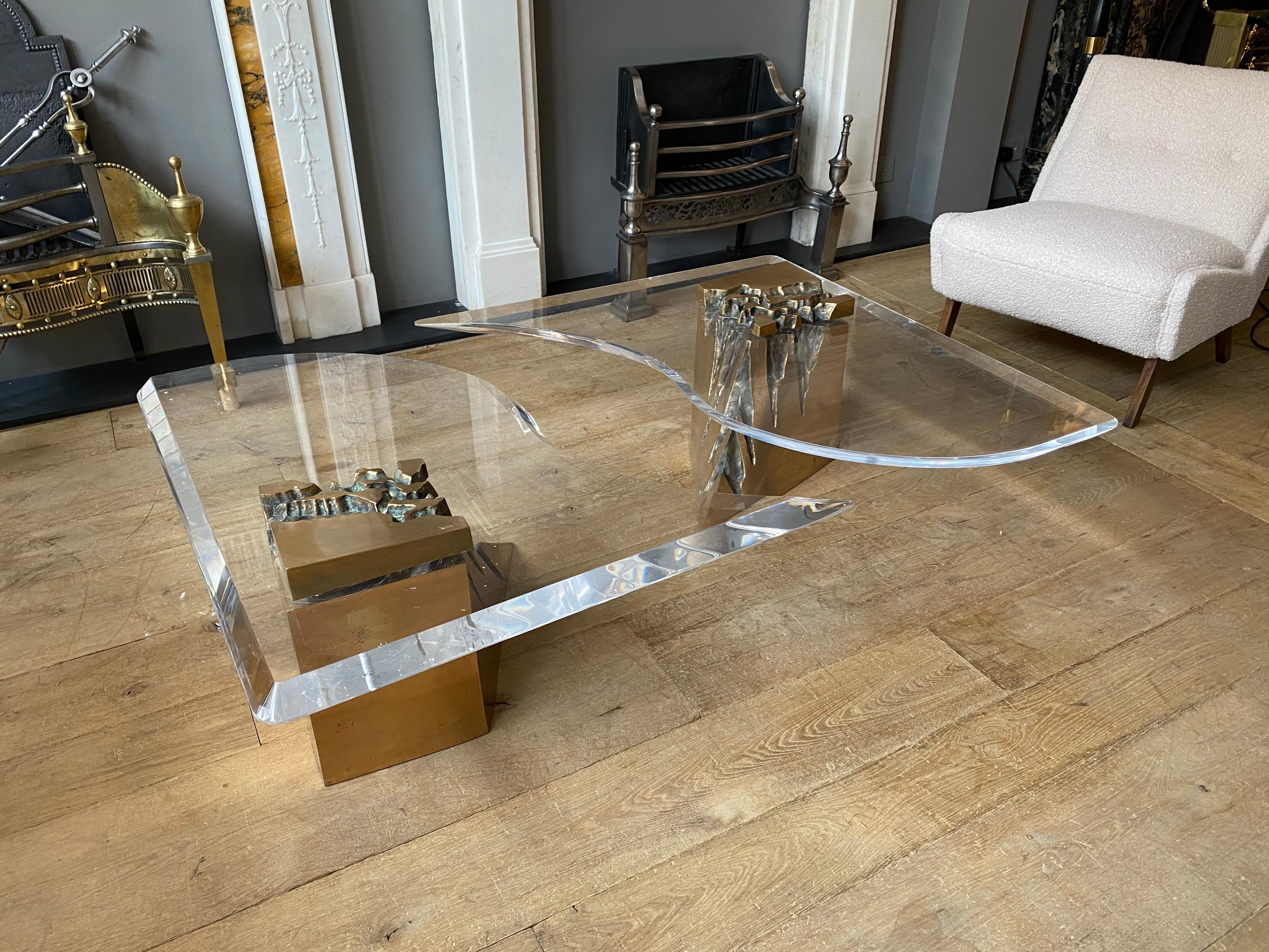 Large Two-Piece Brass and Lucite Coffee Table For Sale 1