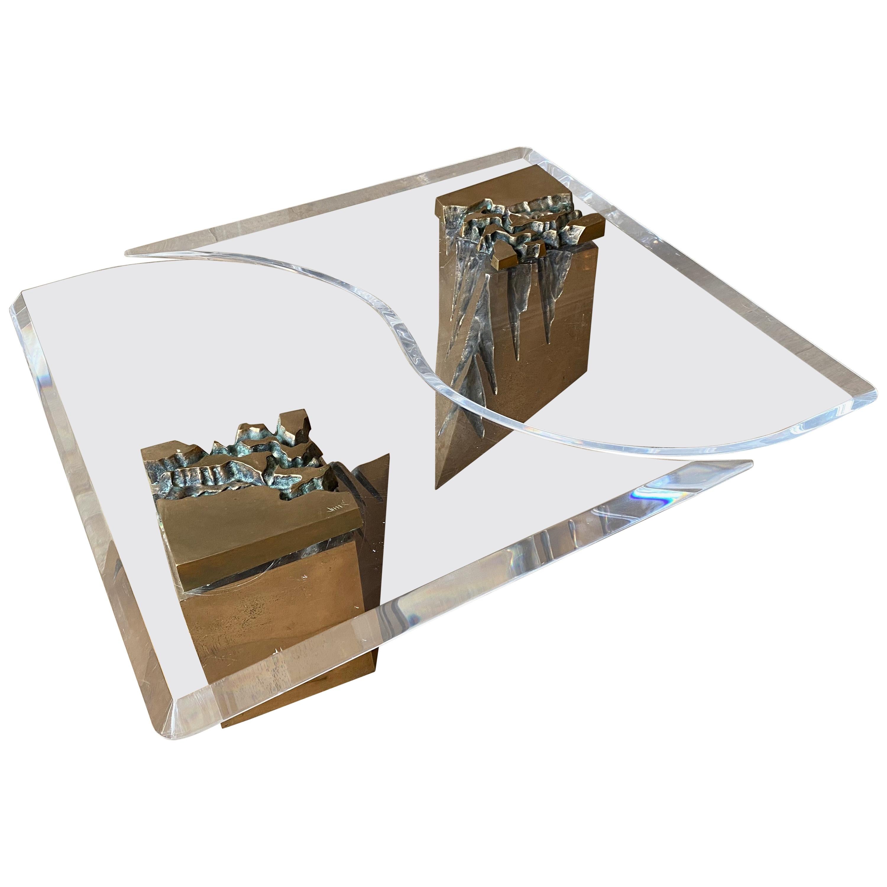 Large Two-Piece Brass and Lucite Coffee Table