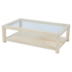 Large Two Tier Parchment Covered and Glass Coffee Table, Contemporary