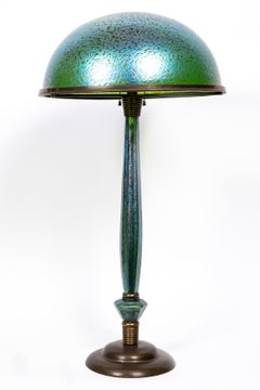 A Large Unique Antique Austrian Art Deco Green Loetz Art Glass and Bronze Lamp