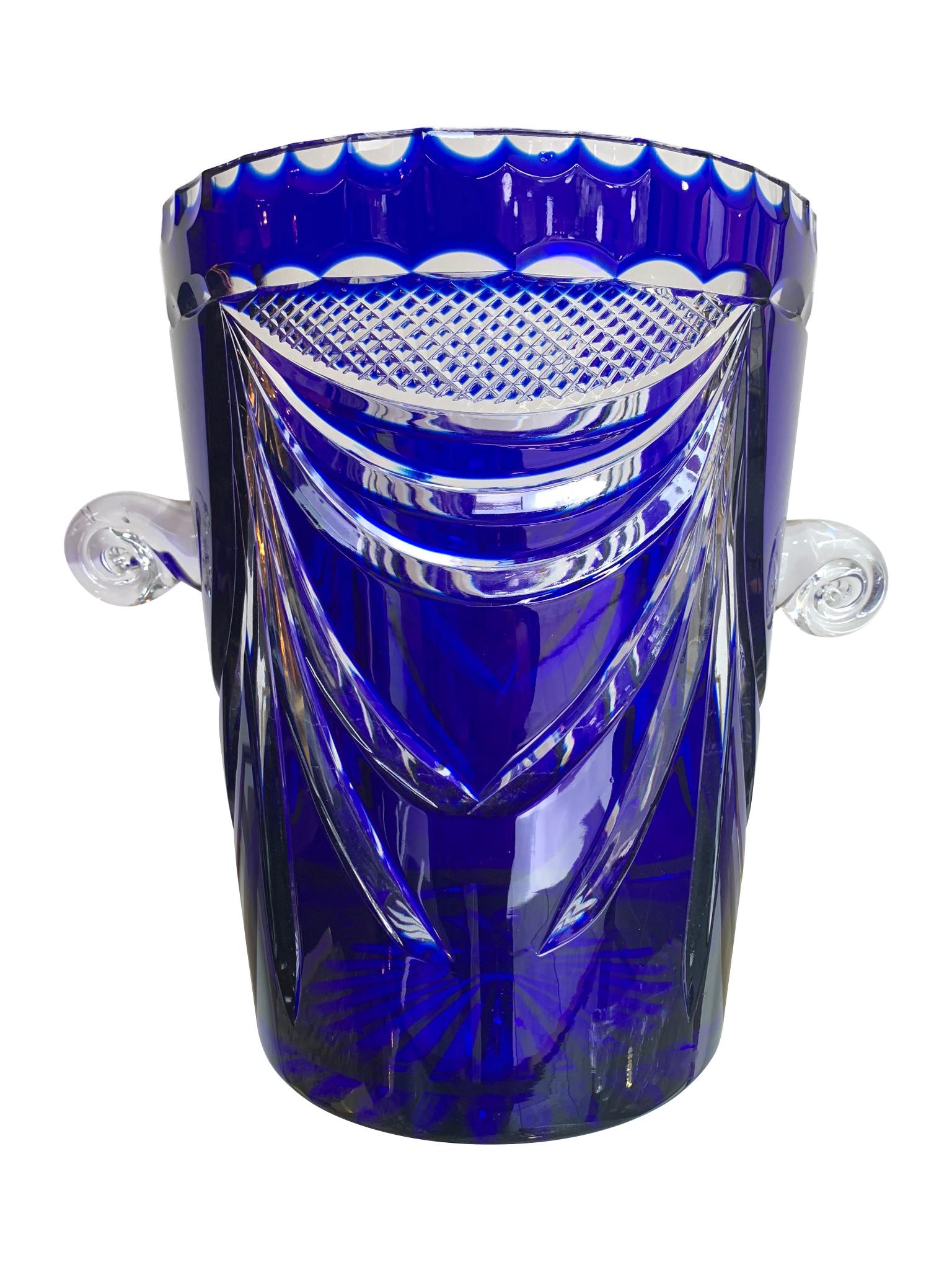 Mid-Century Modern Large Val St Lambert Cobalt Blue Cut Crystal Champagne Bucket