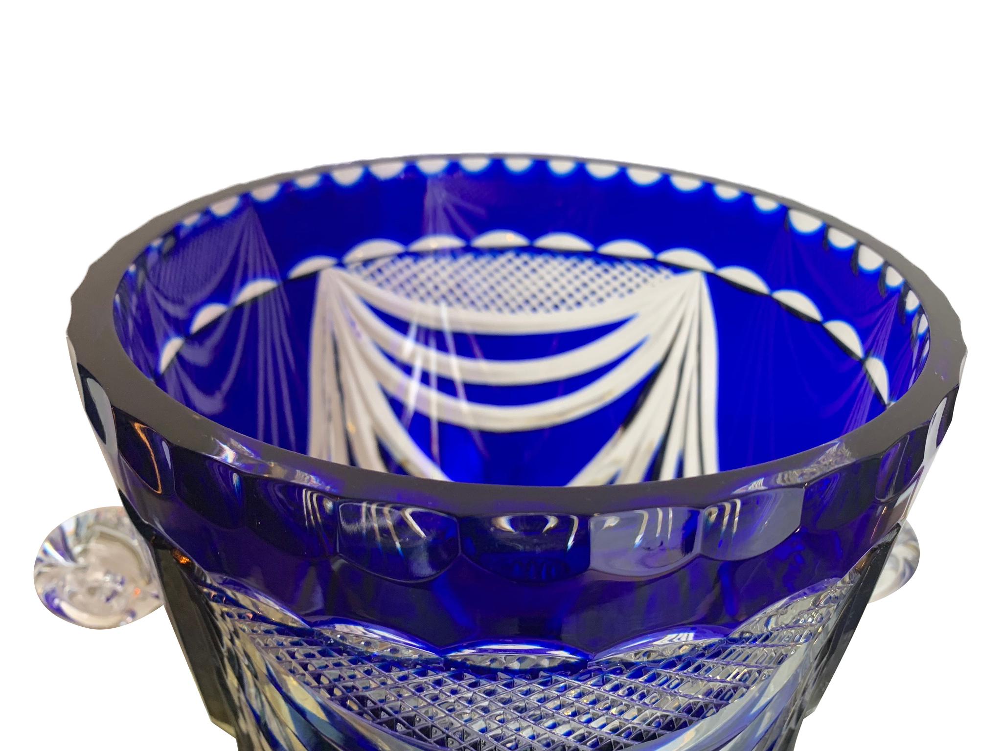 Large Val St Lambert Cobalt Blue Cut Crystal Champagne Bucket In Excellent Condition In London, GB