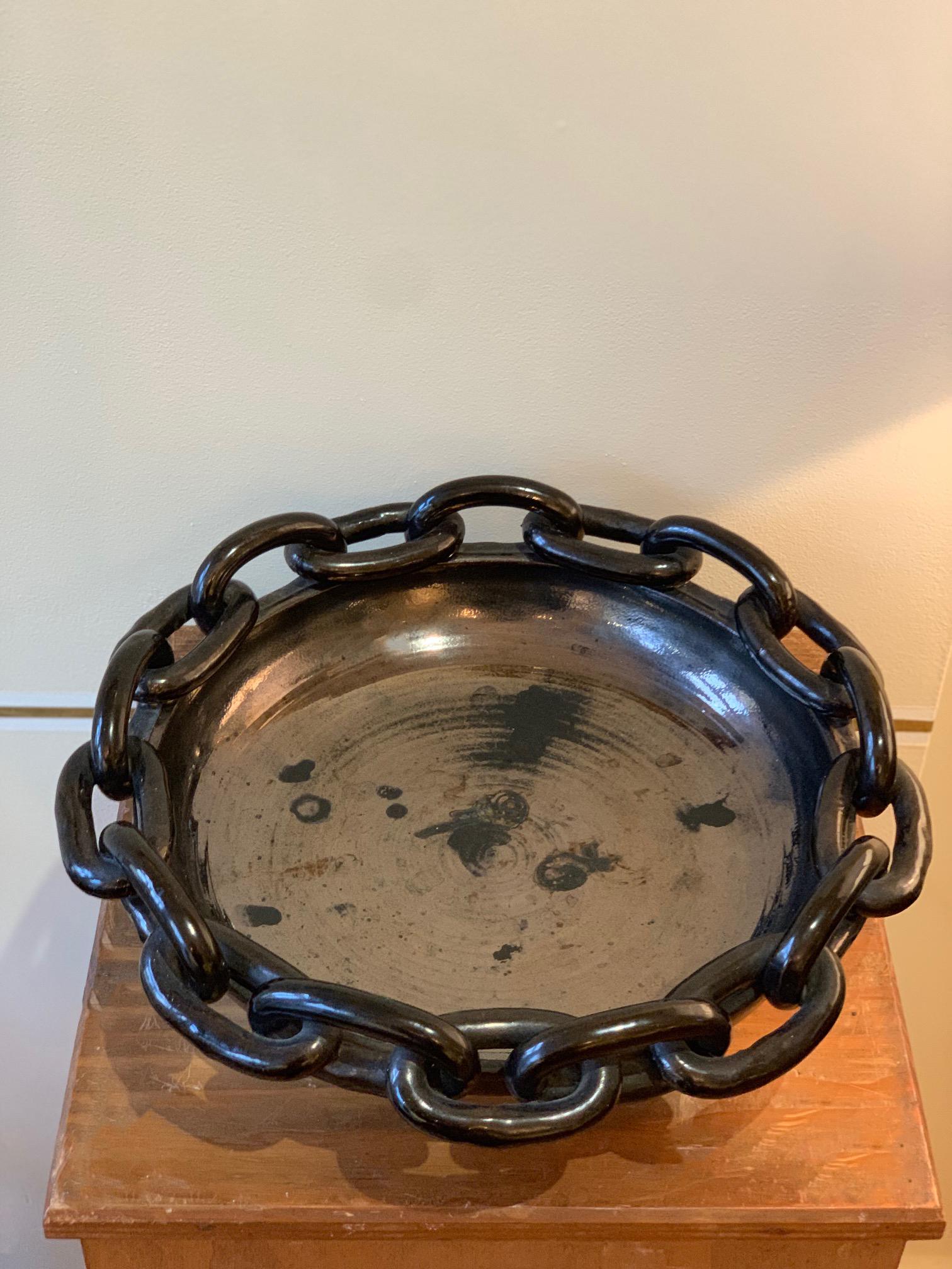 Mid-Century Modern Large Vallauris 1950s Black Ceramic Chain Links Bowl by Jerome Massier