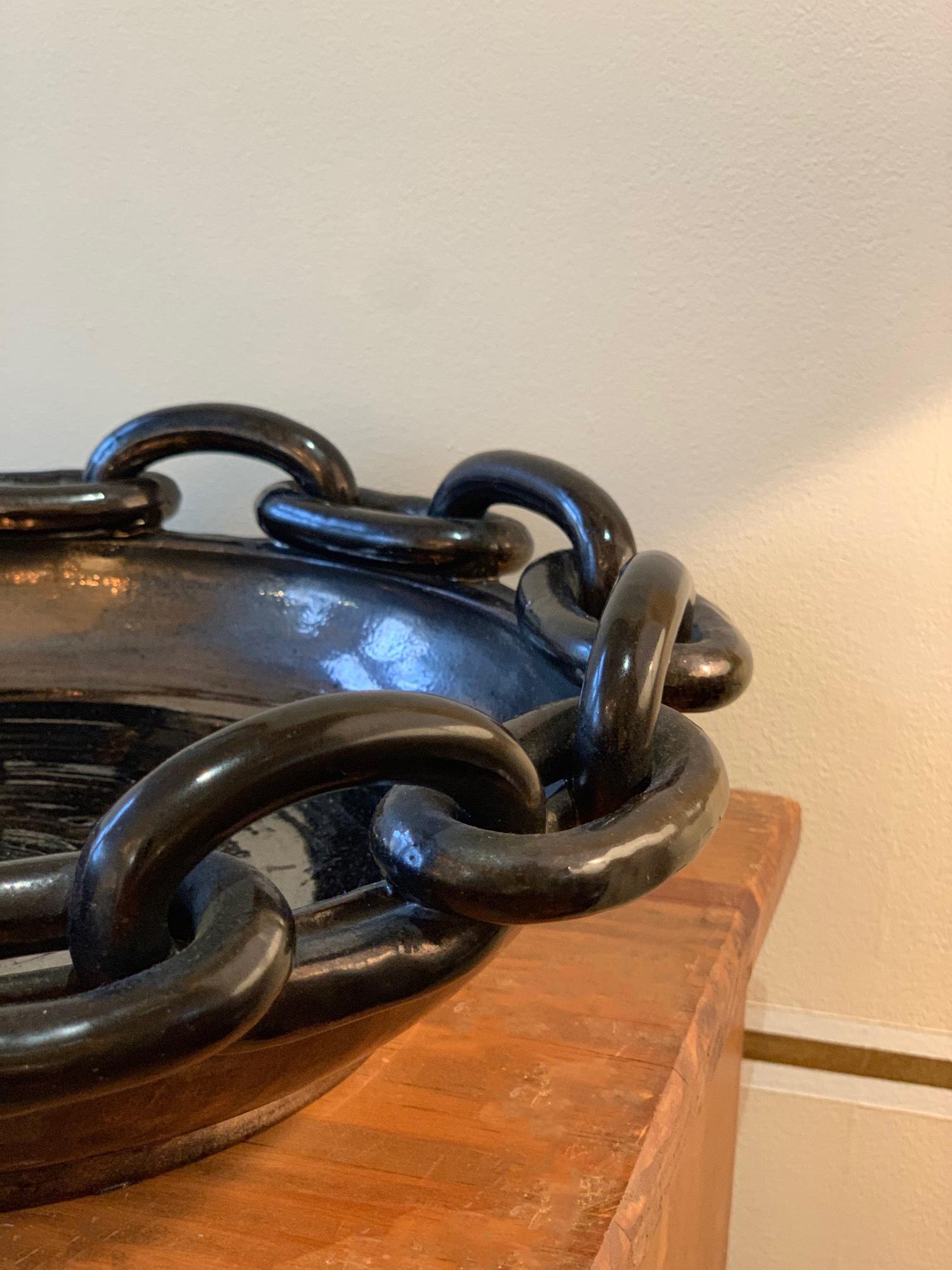 Large Vallauris 1950s Black Ceramic Chain Links Bowl by Jerome Massier In Good Condition In London, GB