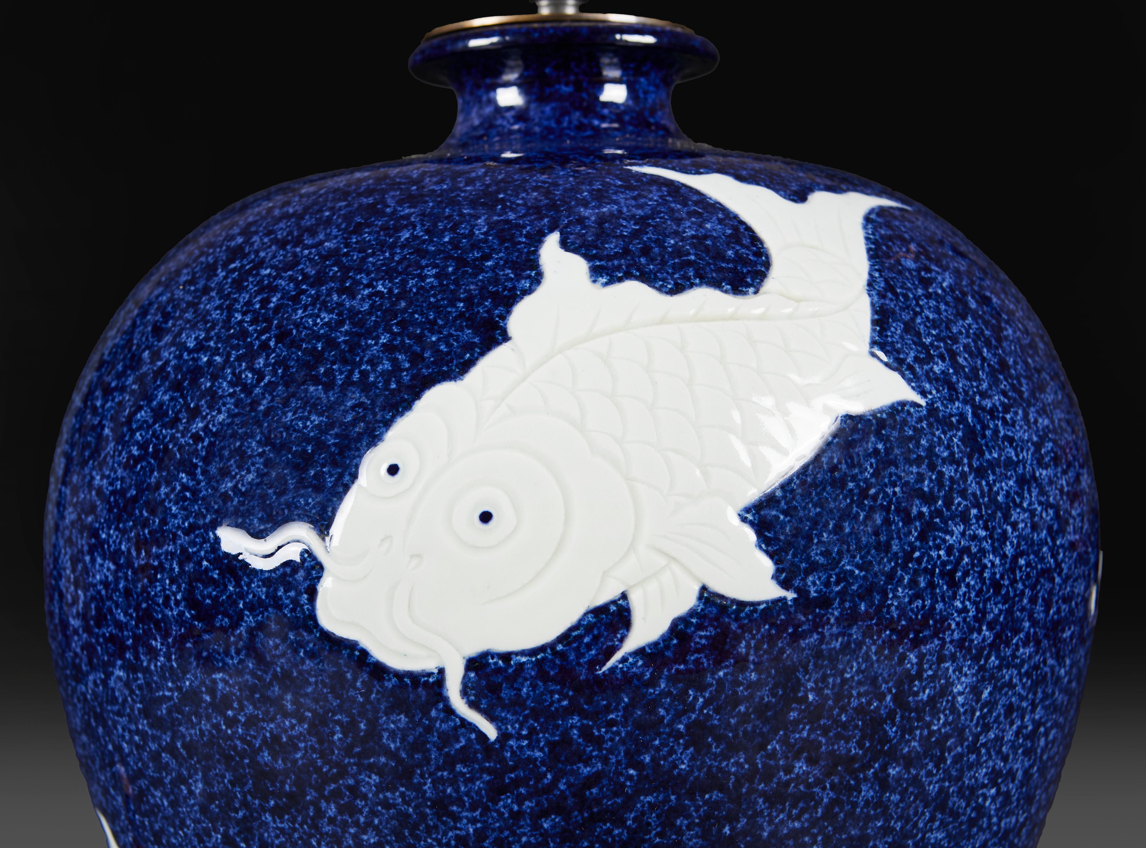 Glazed A Large Vase Decorated with Carp as a Lamp