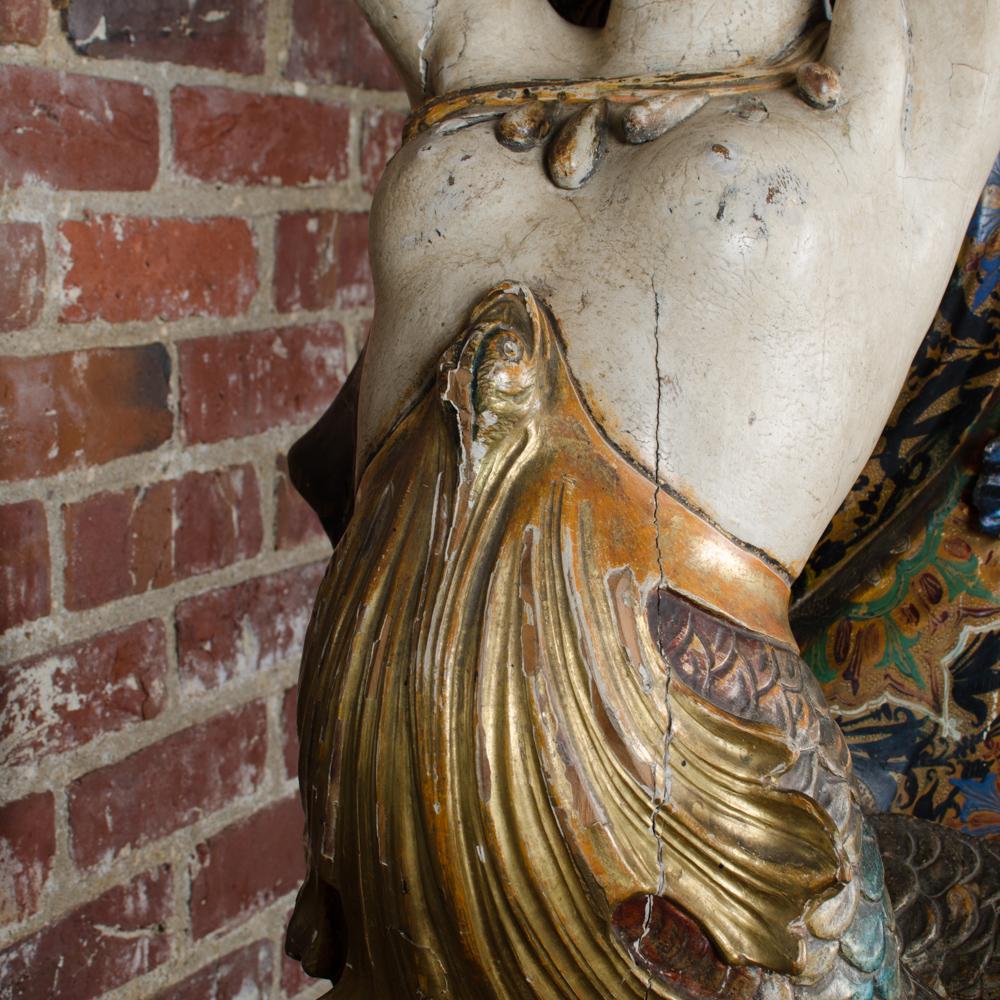 Wood Large Venetian Mermaid Sculpture Holding Seashell, 19th C For Sale