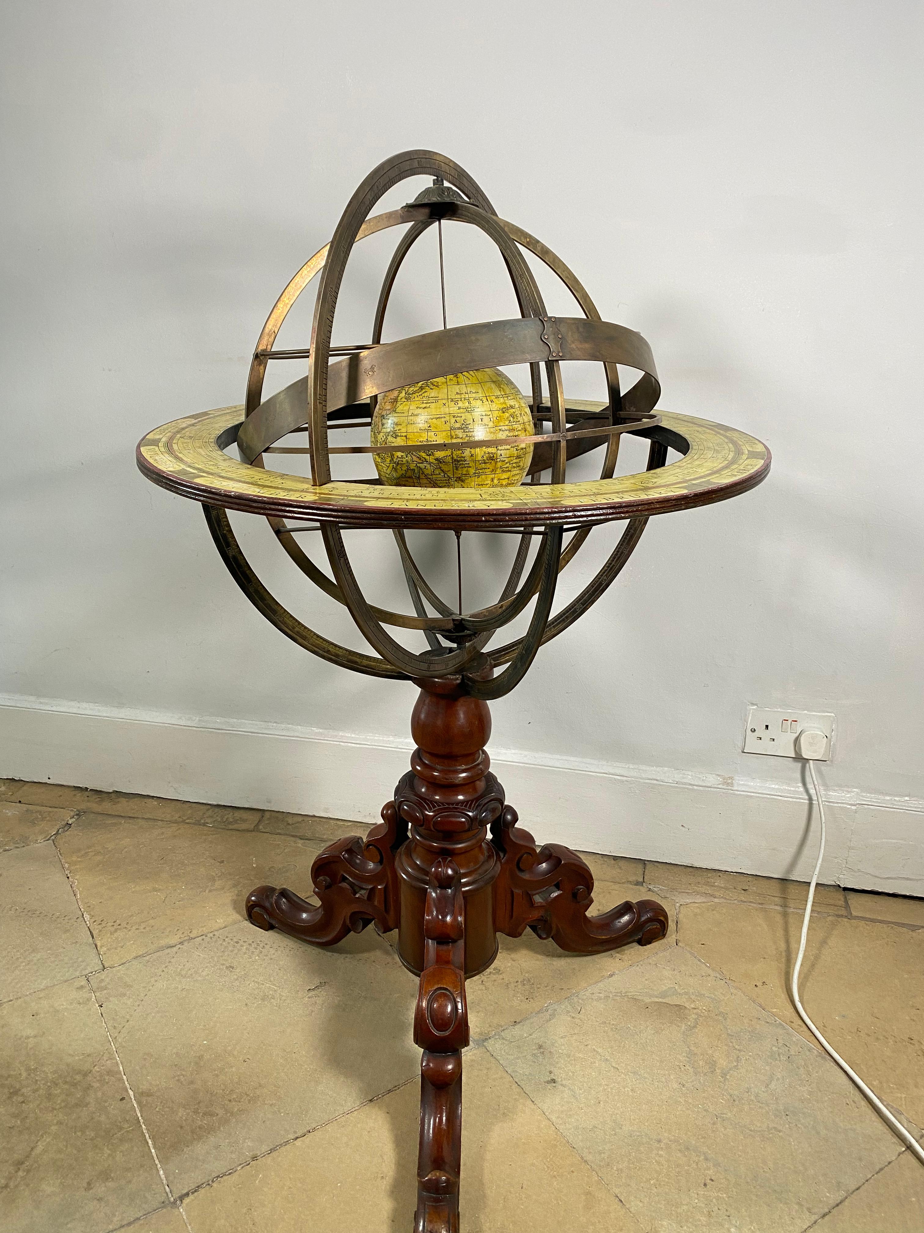 An extremely decorative victorian armillary globe. On a turned mahogany pedestal base.