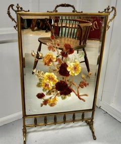 Large Victorian Brass and Roses Painted Mirror Fire Screen