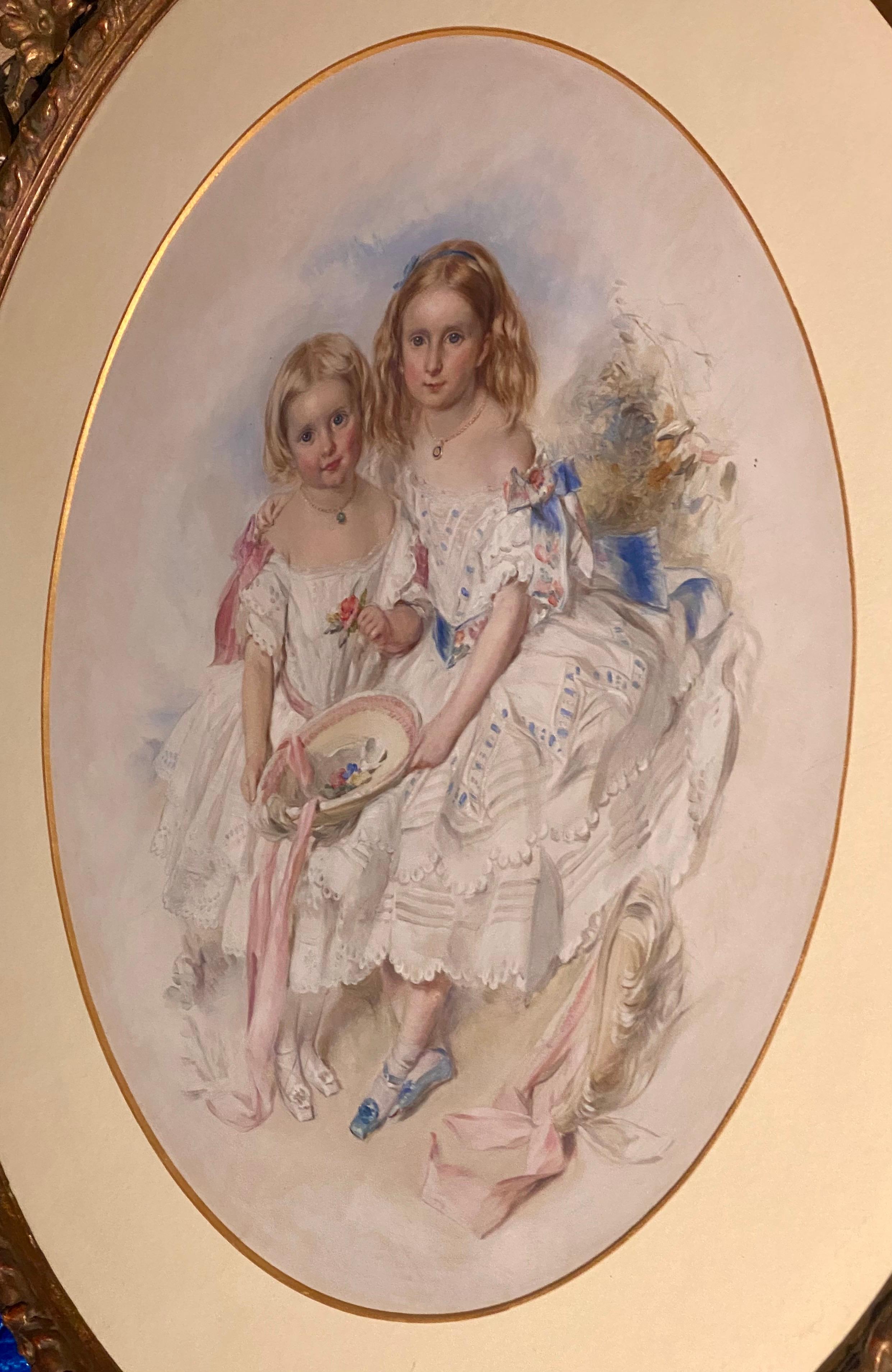Großes viktorianisches, eye Catching Double Portrait-Gemälde zweier hübscher Schwestern im Angebot 3