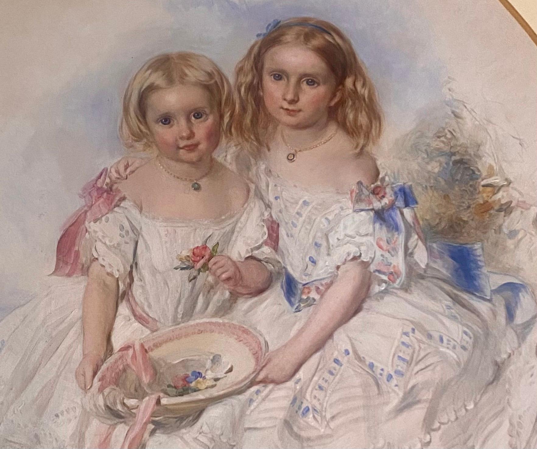 Großes viktorianisches, eye Catching Double Portrait-Gemälde zweier hübscher Schwestern im Angebot 4