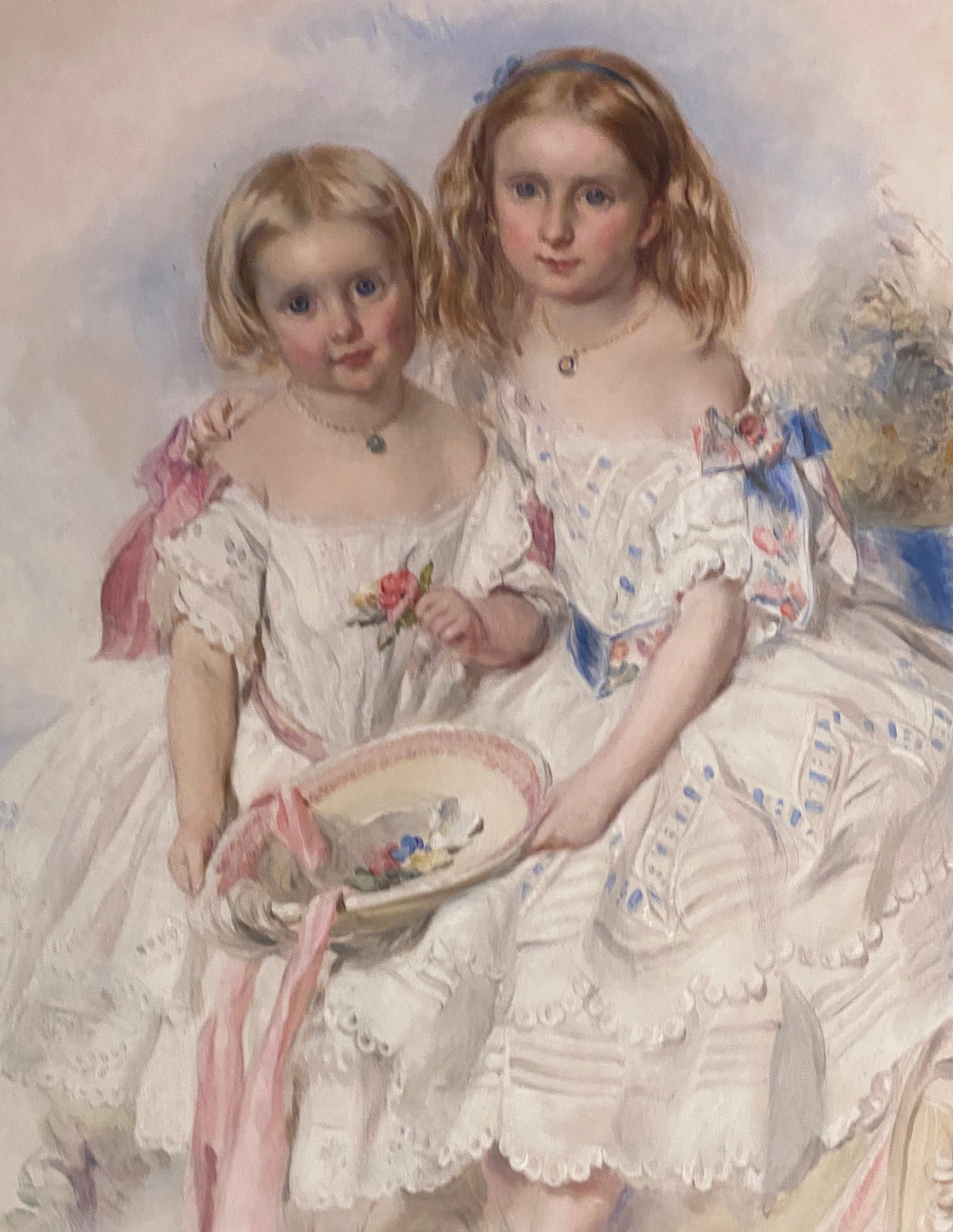 Großes viktorianisches, eye Catching Double Portrait-Gemälde zweier hübscher Schwestern im Angebot 6