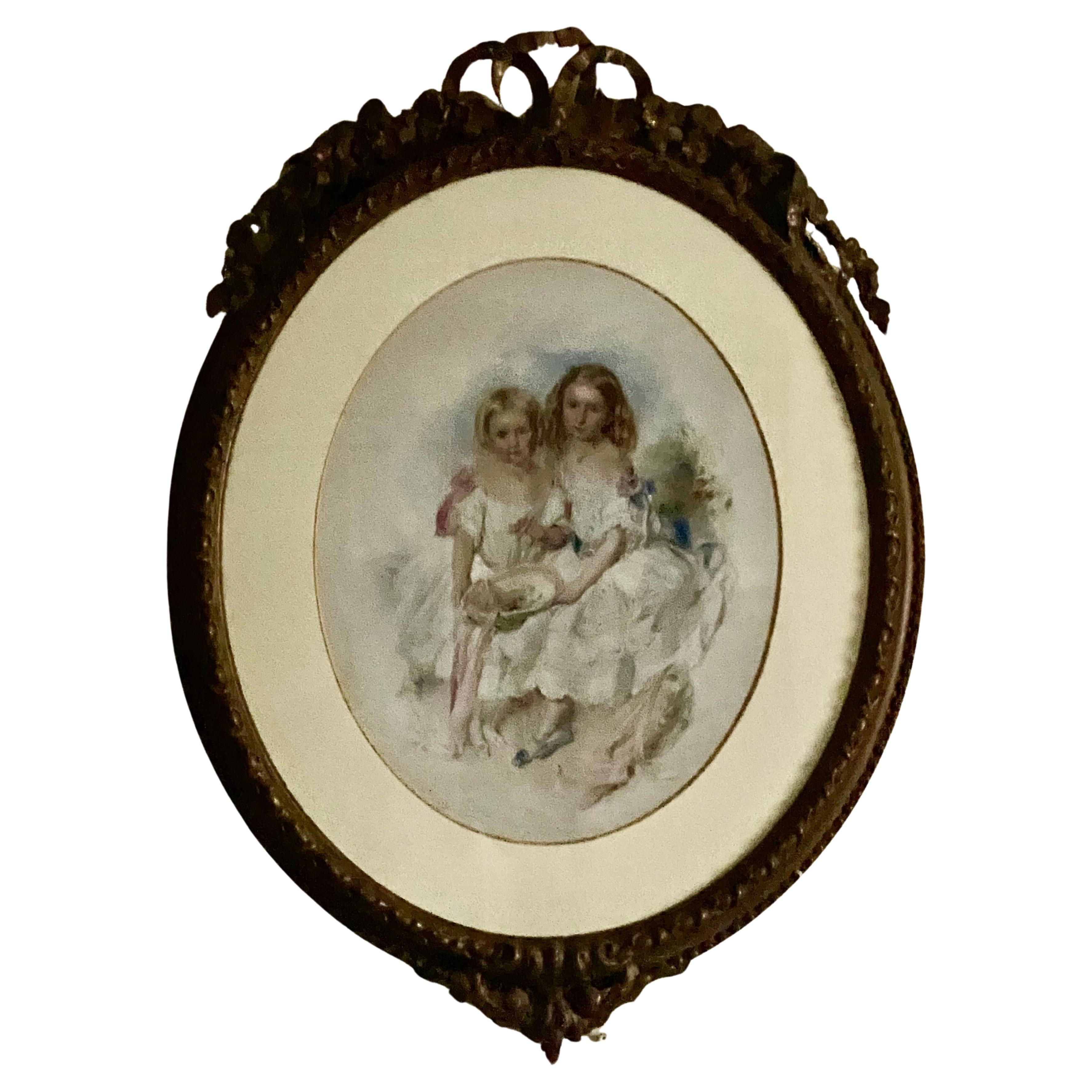 Großes viktorianisches, eye Catching Double Portrait-Gemälde zweier hübscher Schwestern im Angebot 9