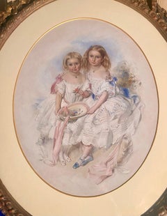A Large Victorian Eye Catching Double Portrait Painting of two pretty sisters