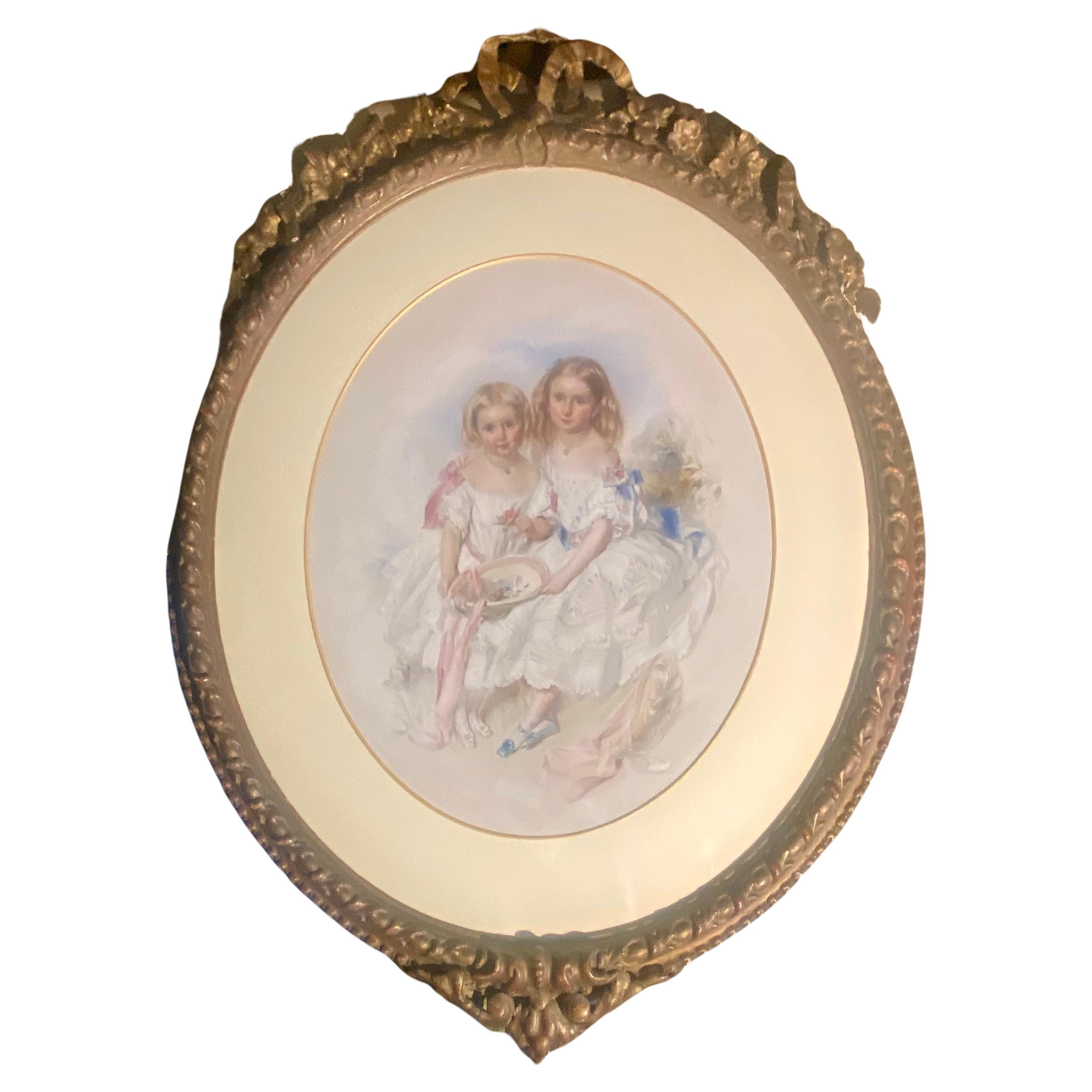 Großes viktorianisches, eye Catching Double Portrait-Gemälde zweier hübscher Schwestern (Viktorianisch) im Angebot