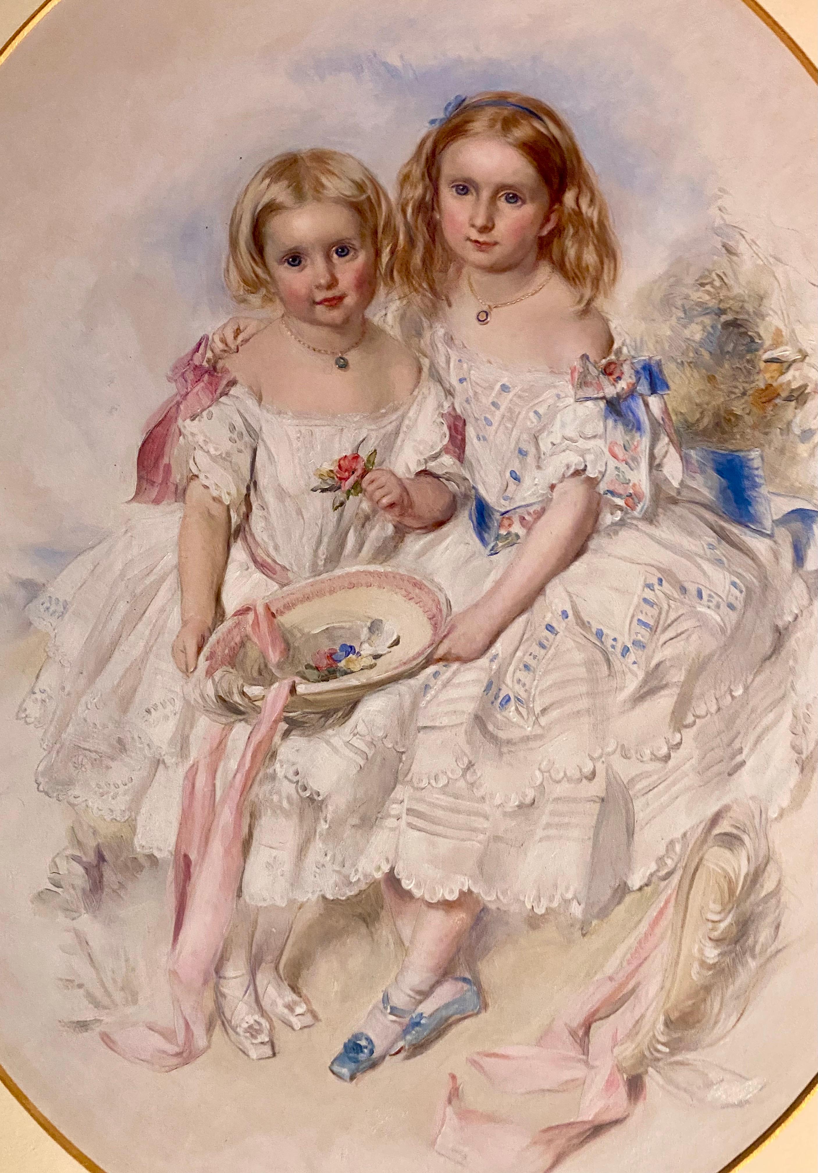 Großes viktorianisches, eye Catching Double Portrait-Gemälde zweier hübscher Schwestern (Britisch) im Angebot