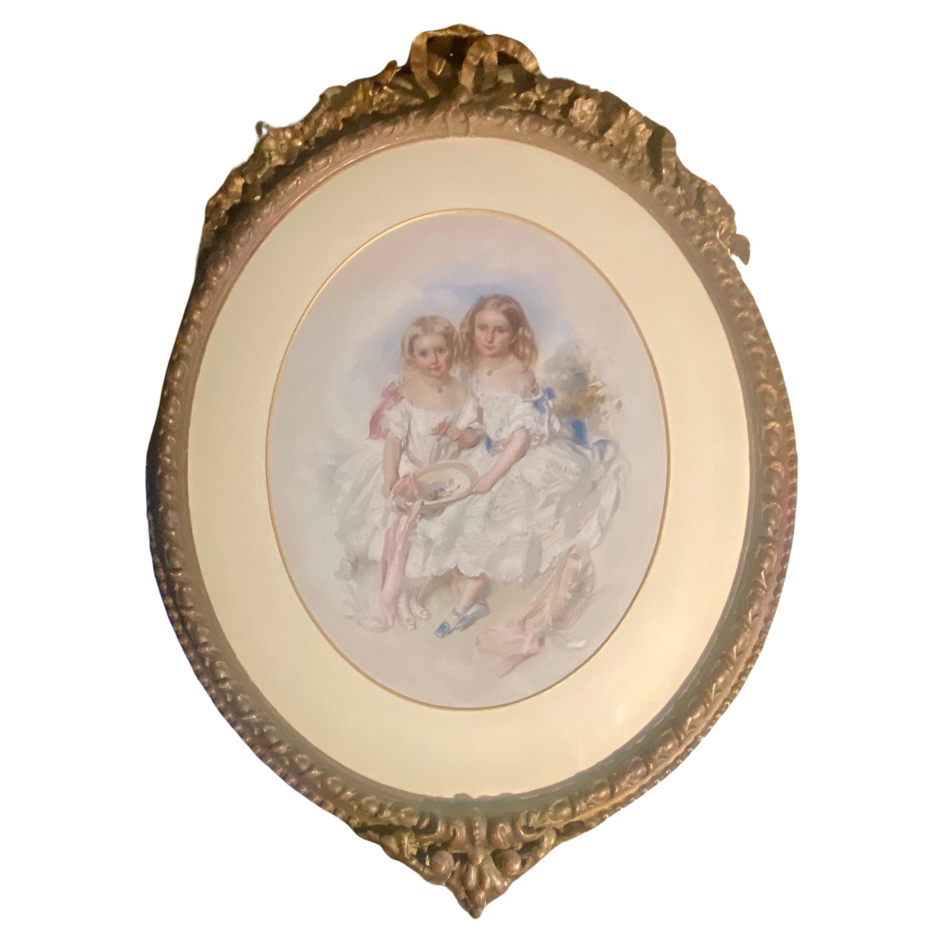 Großes viktorianisches, eye Catching Double Portrait-Gemälde zweier hübscher Schwestern im Zustand „Hervorragend“ im Angebot in London, GB