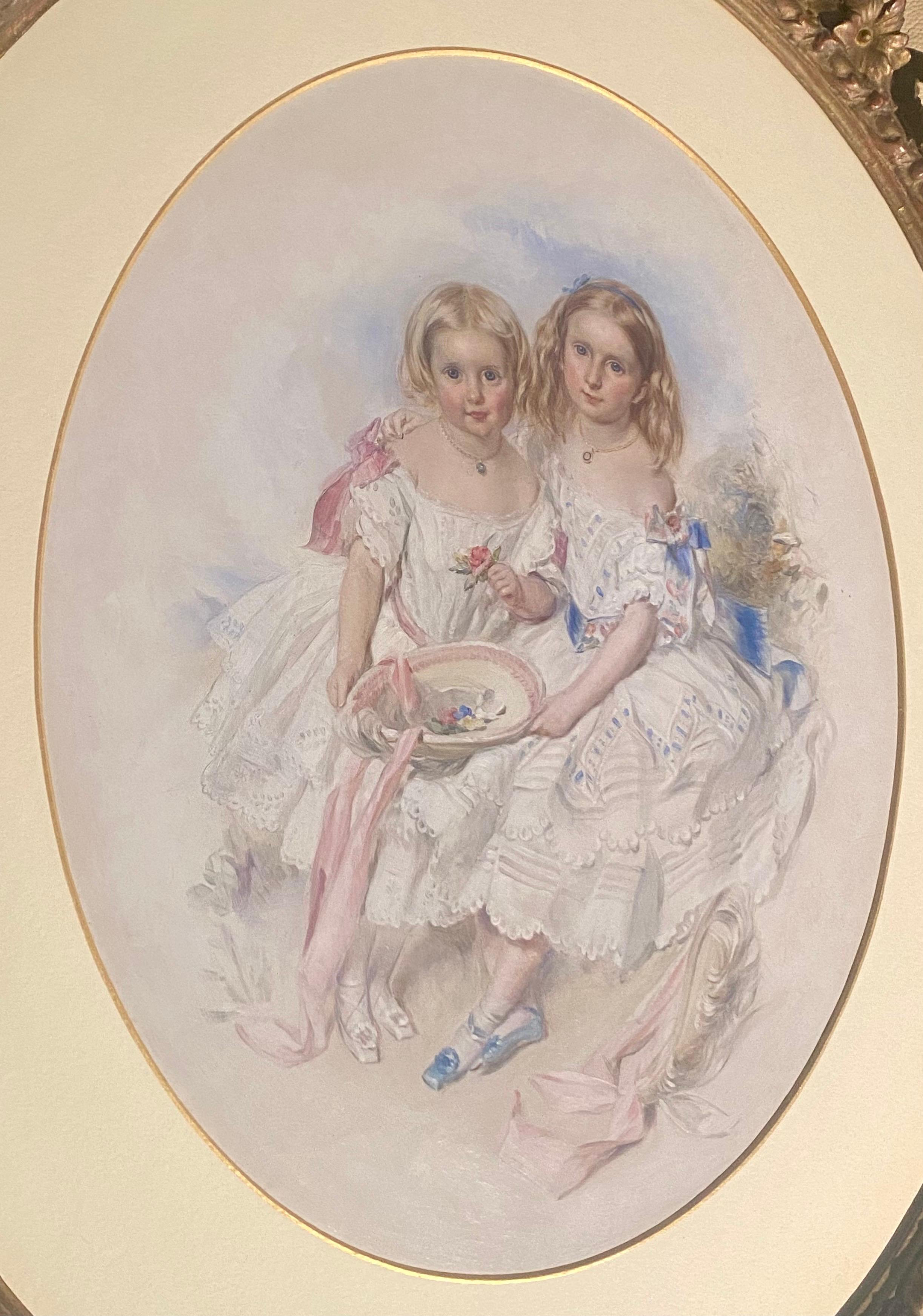 Großes viktorianisches, eye Catching Double Portrait-Gemälde zweier hübscher Schwestern (Holz) im Angebot