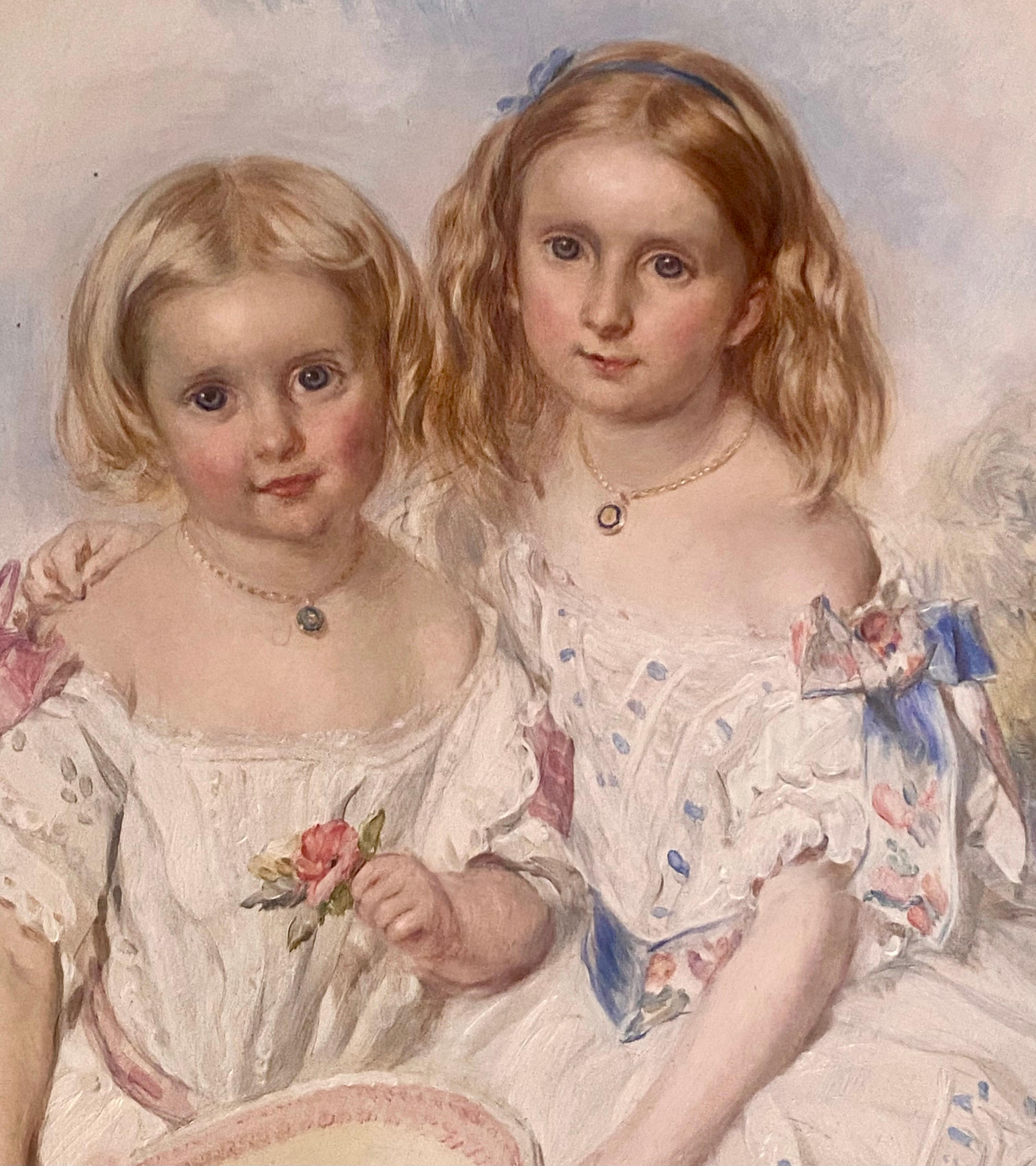 Großes viktorianisches, eye Catching Double Portrait-Gemälde zweier hübscher Schwestern im Angebot 2
