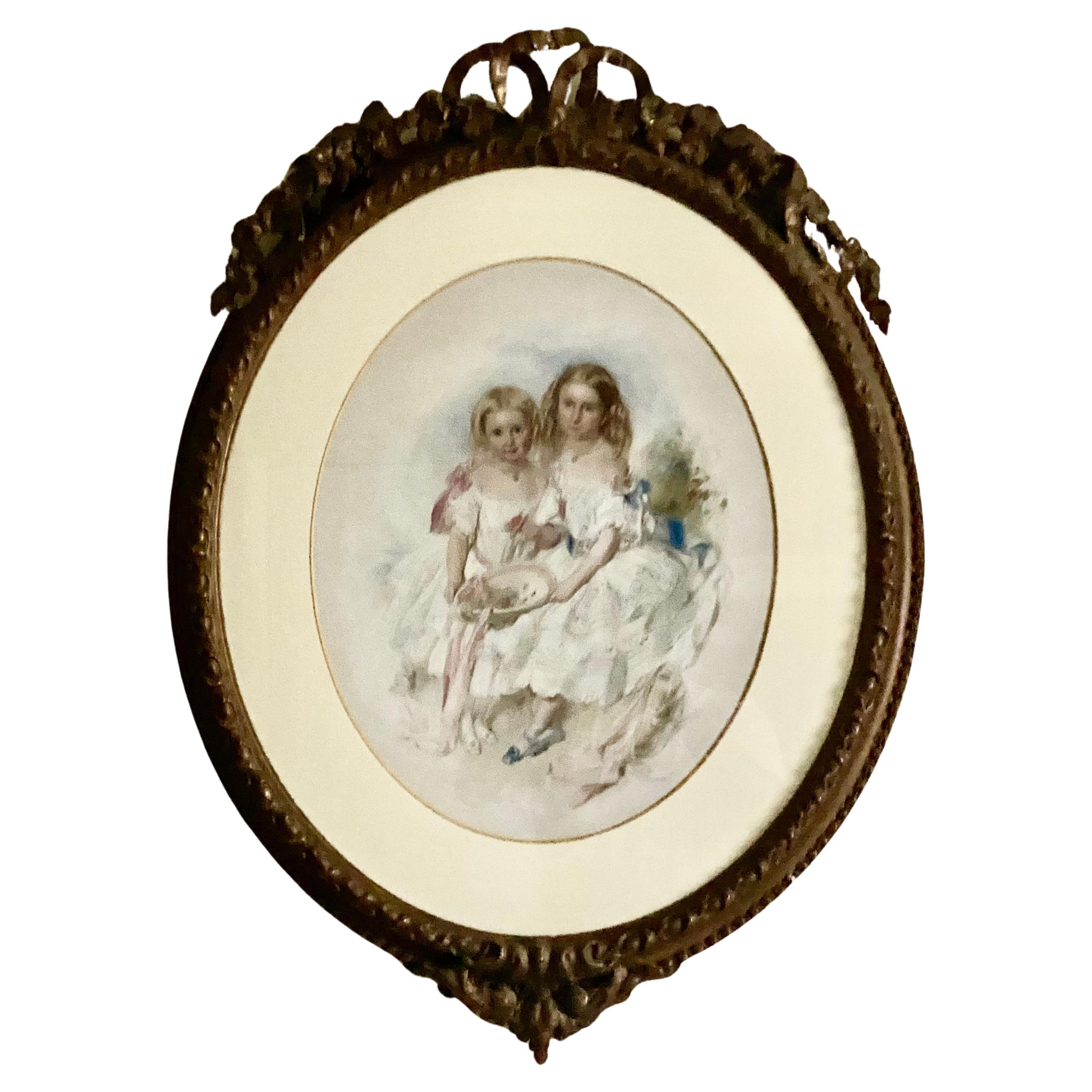 A Large Victorian Eye Catching Double Portrait Painting of two pretty sisters