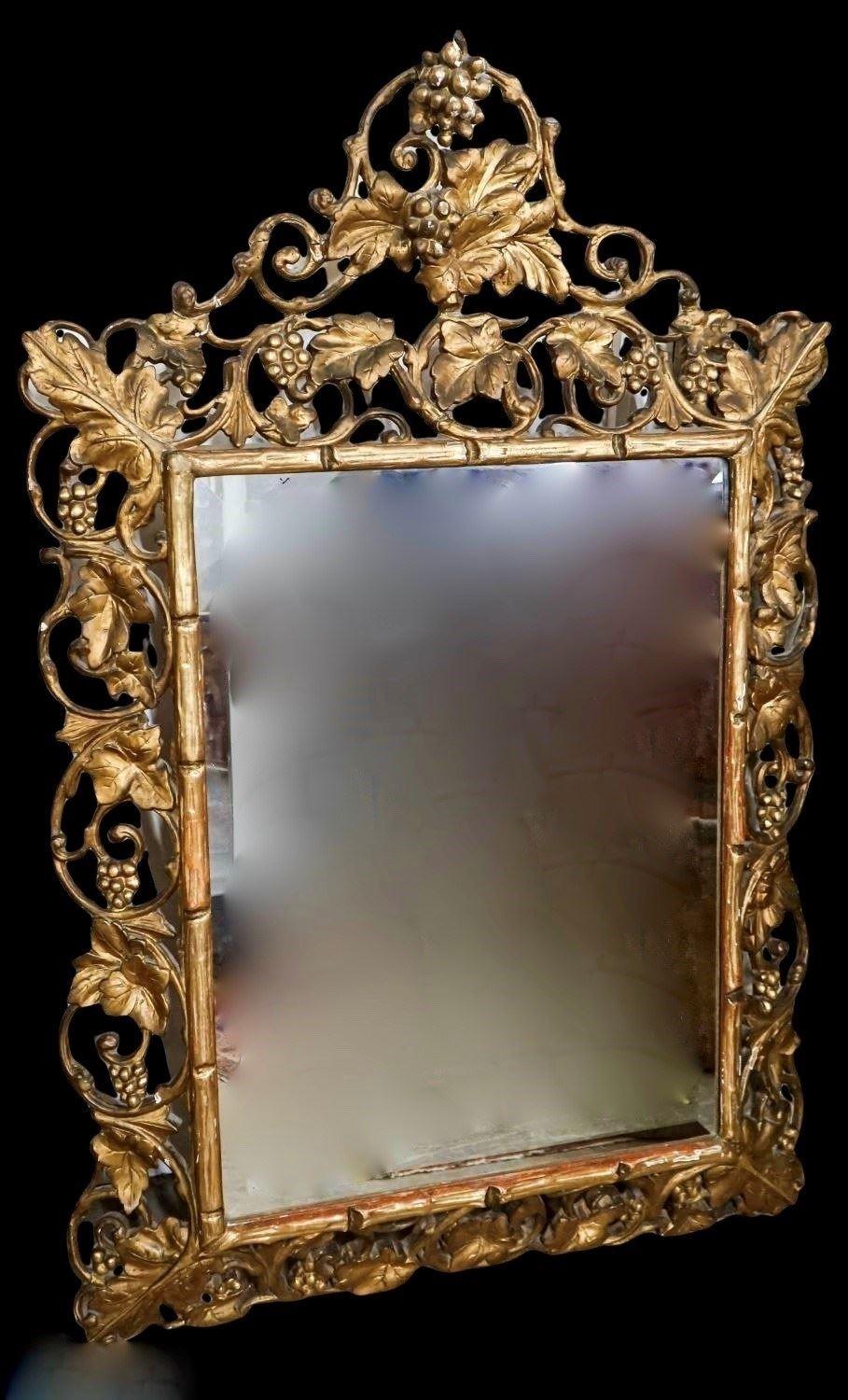 Gesso A Large Victorian Faux Bois Carved Giltwood Mirror For Sale