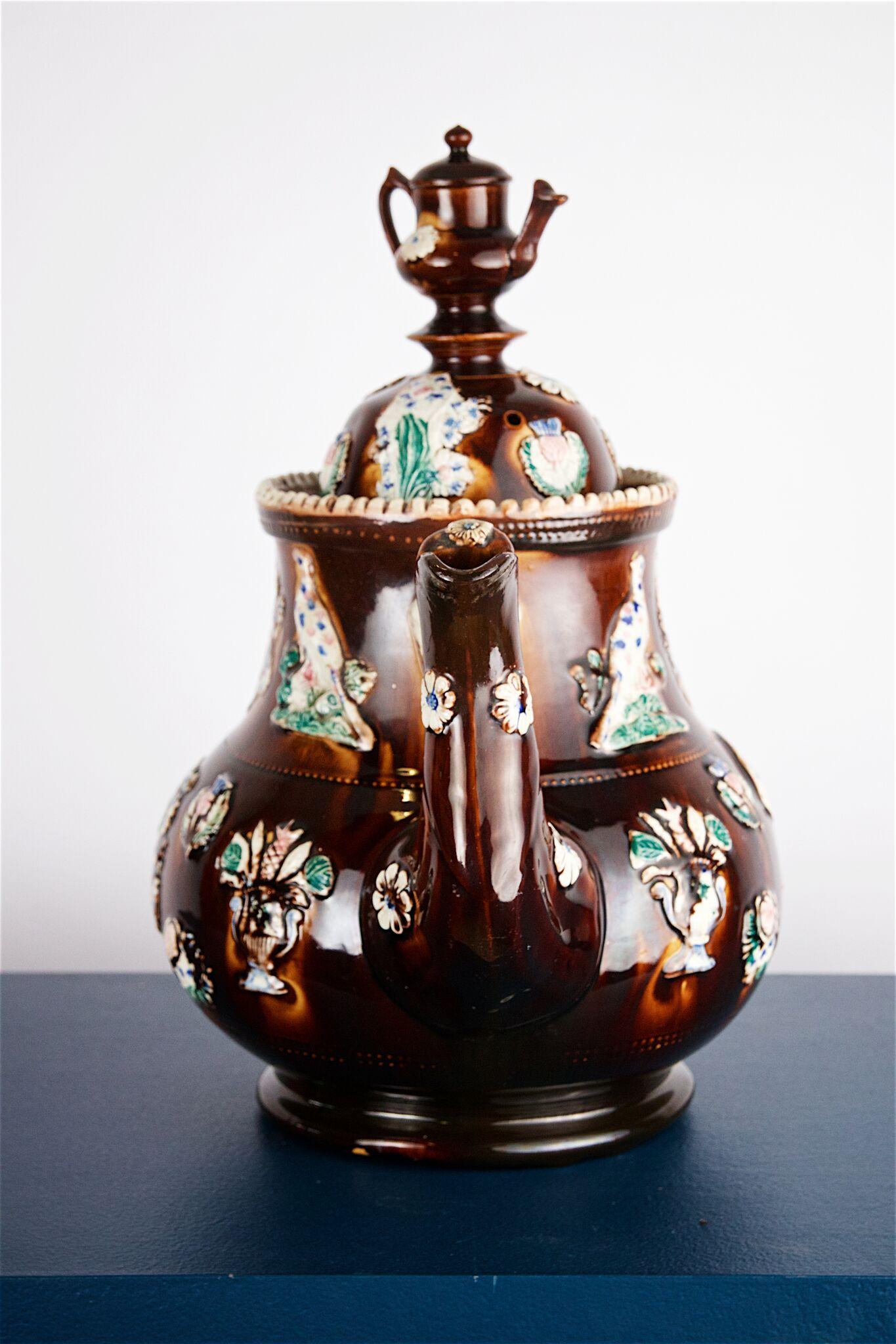 Pottery Large Victorian Measham Bargeware Teapot, circa 1880 For Sale