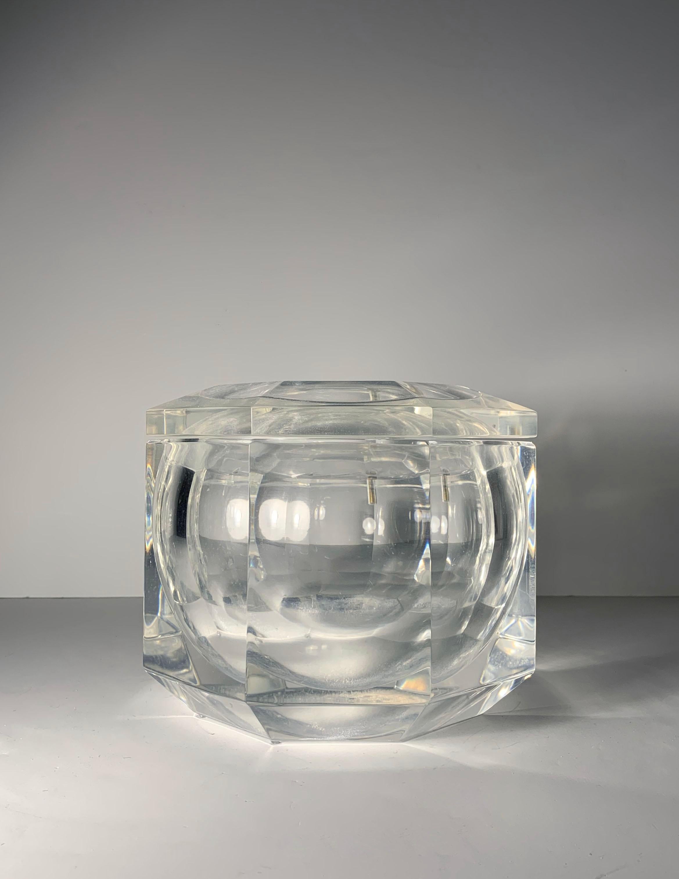 A large vintage Lucite gem ice bucket by Allesandro Albrizzi. 1970s

Lucite shows nice age with some craqueling. some the tiny plastic nipple glides on bottom have come off.