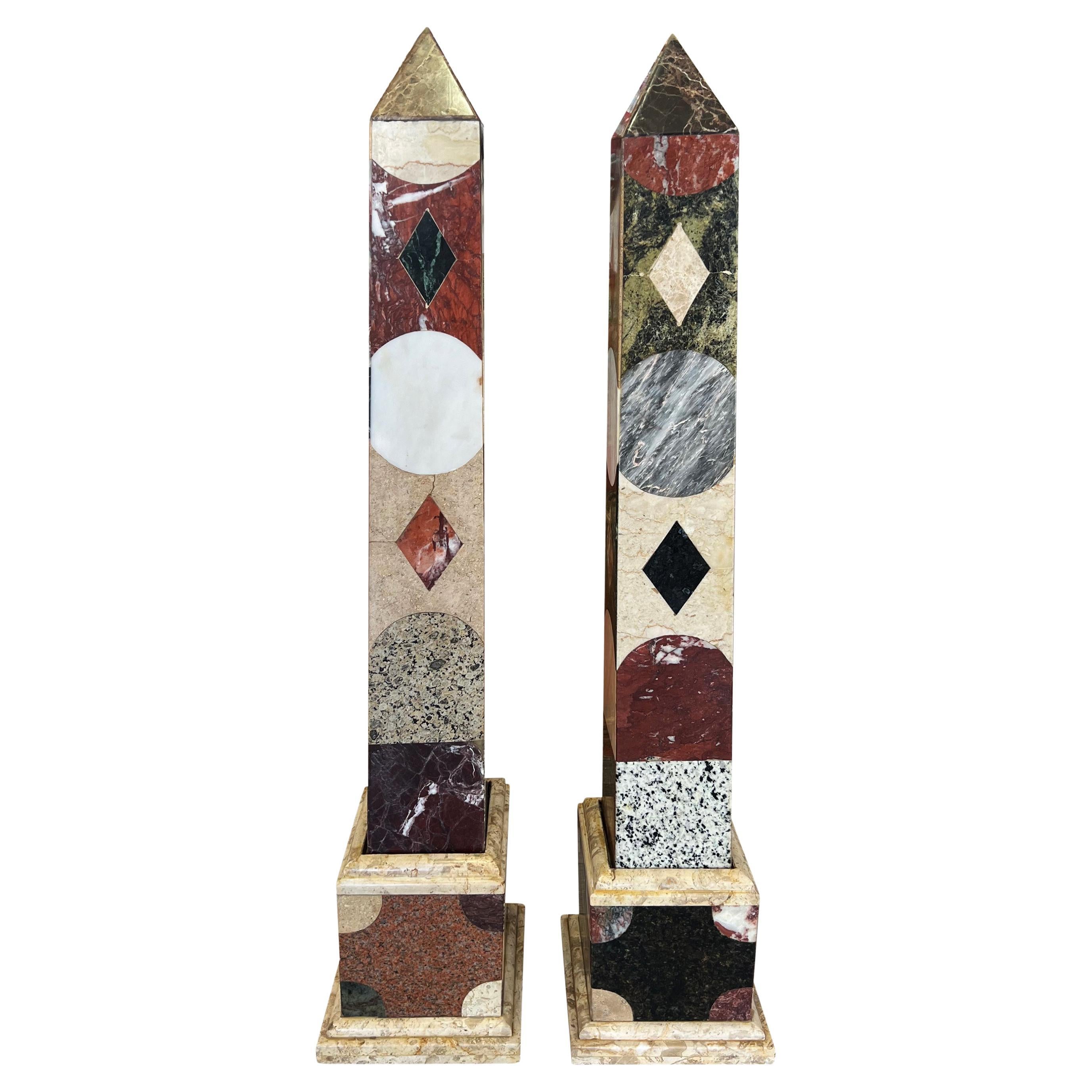 A Large Vintage Pair of Grand Tour Style Marble Inlaid Obelisks, 1970