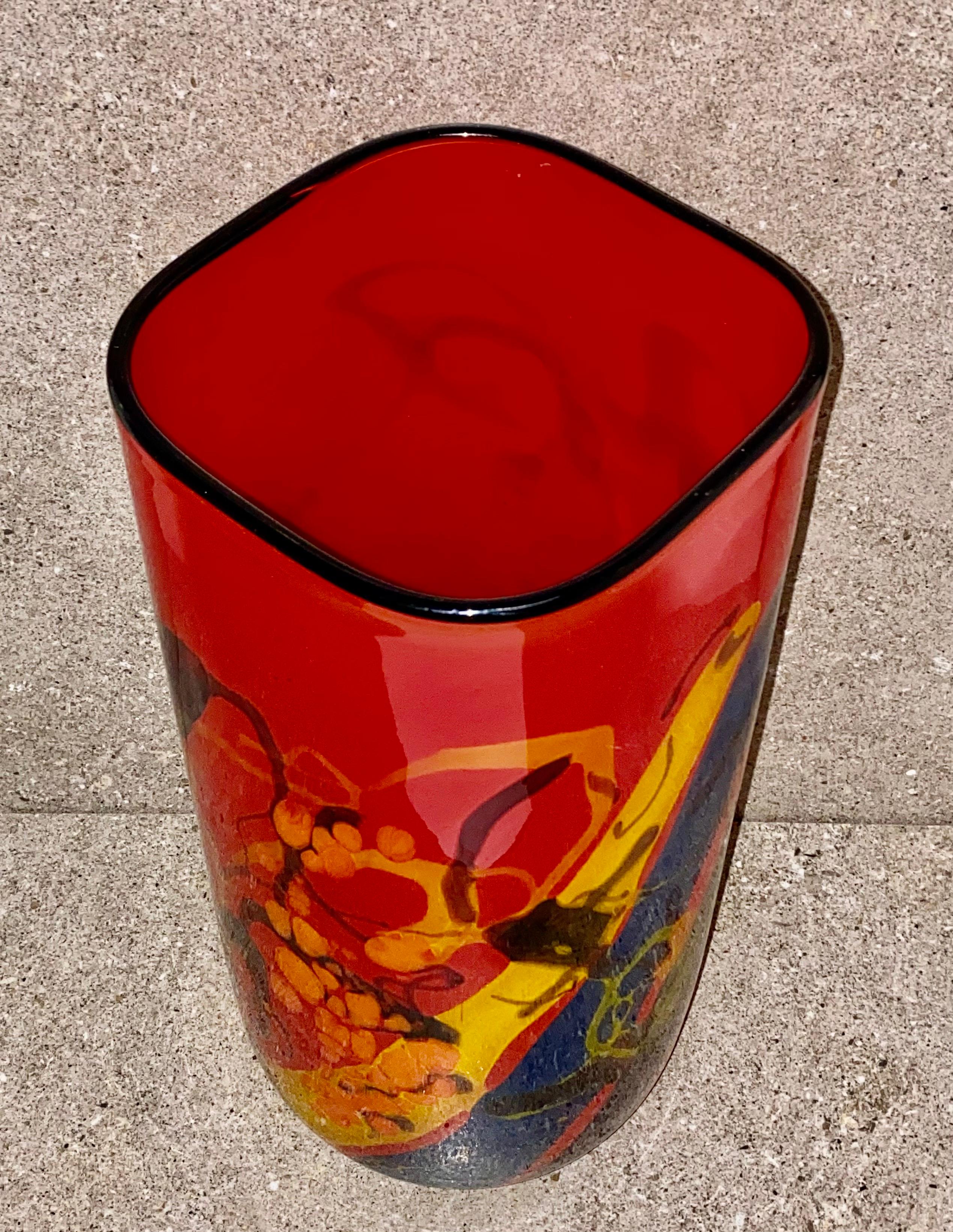 Romanian Large Vintage Red Art Glass Vase, Ioan Nemtoi For Sale