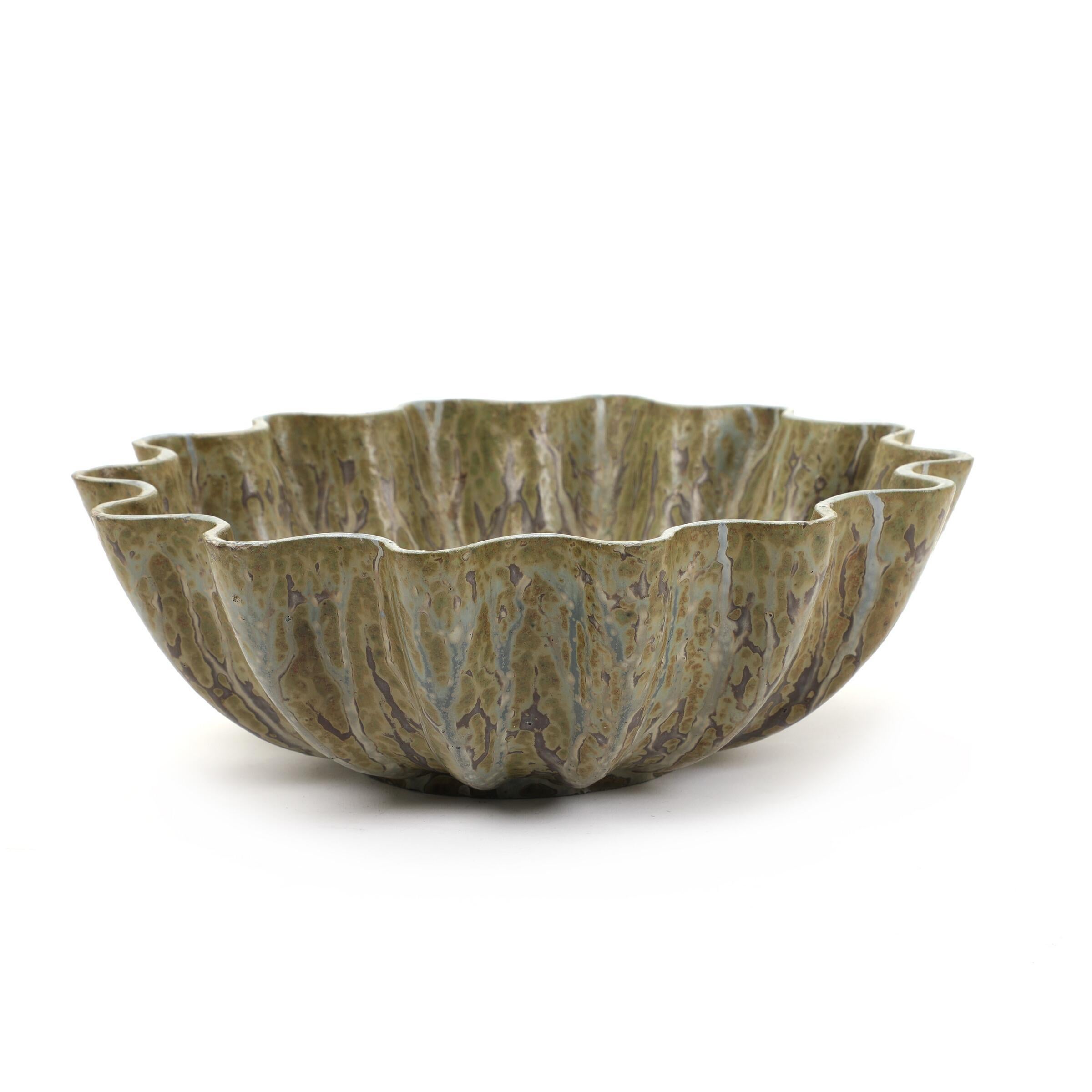 Mid-20th Century Large Wavy Rimmed Stoneware Bowl by Arne Bang
