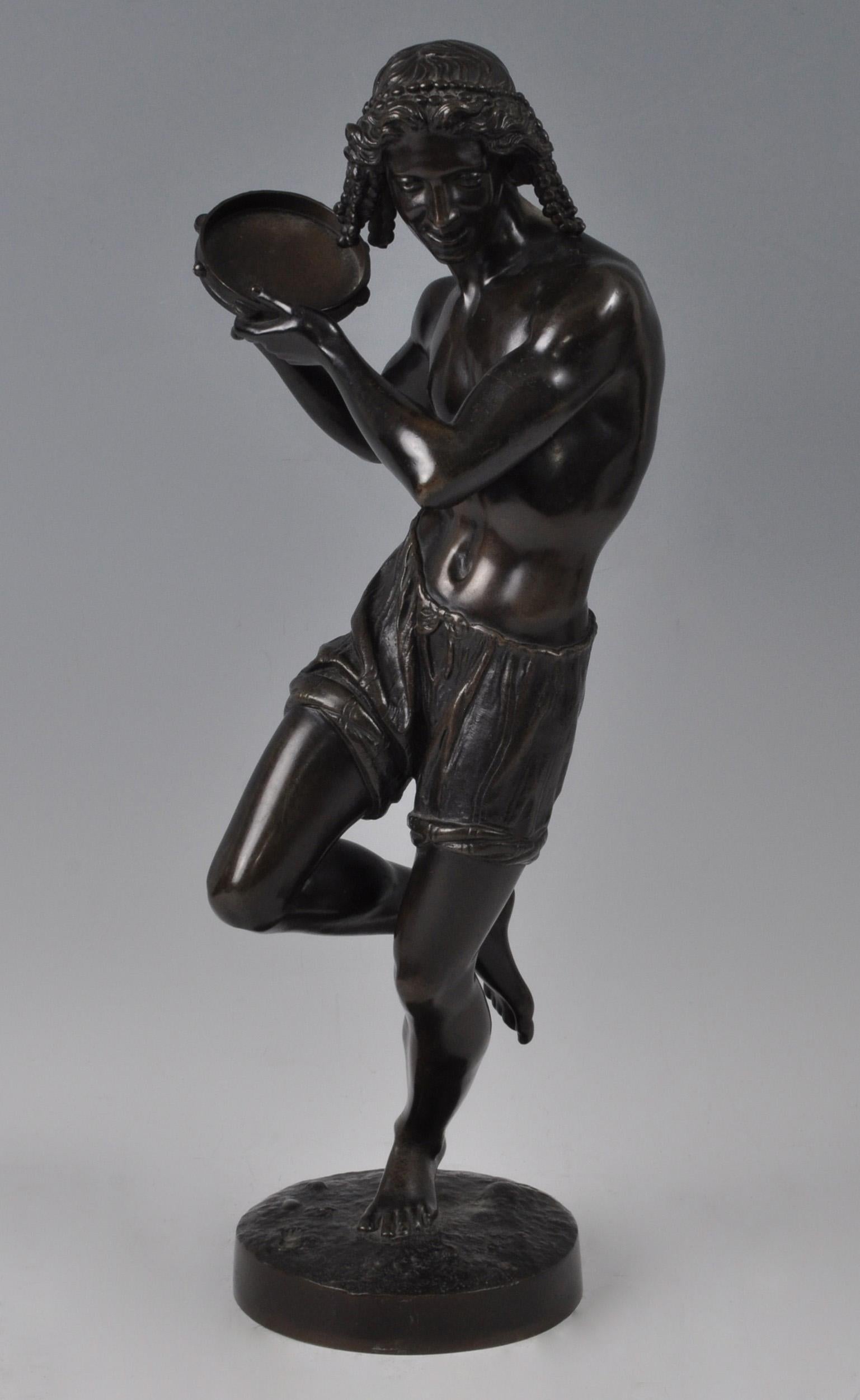 A large 19th century bronze statue of the Neopolitan Dancer with tambourine from a model by Francisque Joseph Duret. Signed to base Duret f. and with a handwritten inscription below ‘csl cts’.

In very good original condition.

Fransisque Joseph